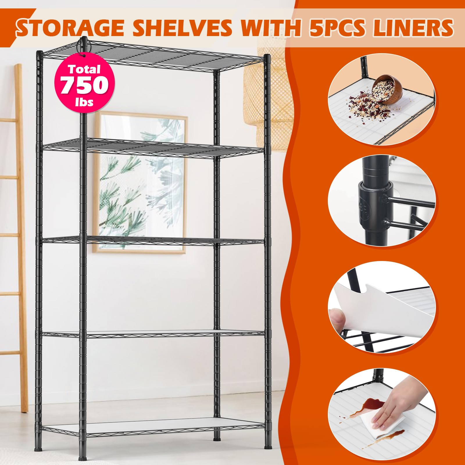 5-Tier Heavy Duty Storage Shelves - Adjustable Steel Garage Shelving Unit with 150 lbs Capacity, 30
