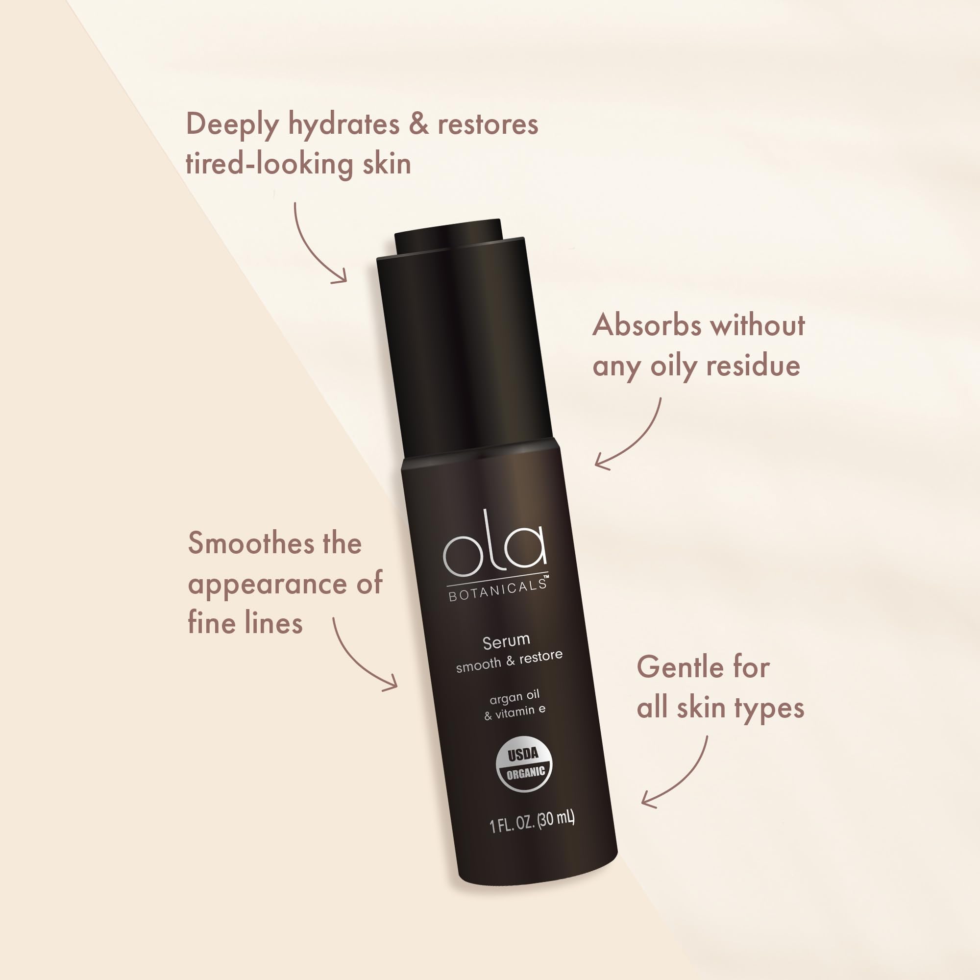 Ola Botanicals Organic Serum - 1 Fl. Oz (30 mL) with Argan Oil & Vitamin E for Smooth & Restored Skin | USDA Certified Organic, Cruelty Free, Non-GMO | Perfect for Nighttime Skincare & Anti-Aging Routine