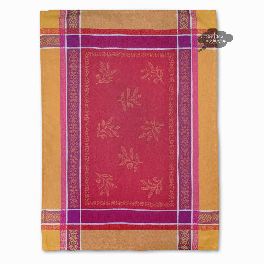 Premium Olivia Yellow & Red Cotton Jacquard Dish Towel Set by Tissus Toselli - Absorbent Kitchen Towels for Drying Dishes, Cleaning Countertops & Stylish Home Decor