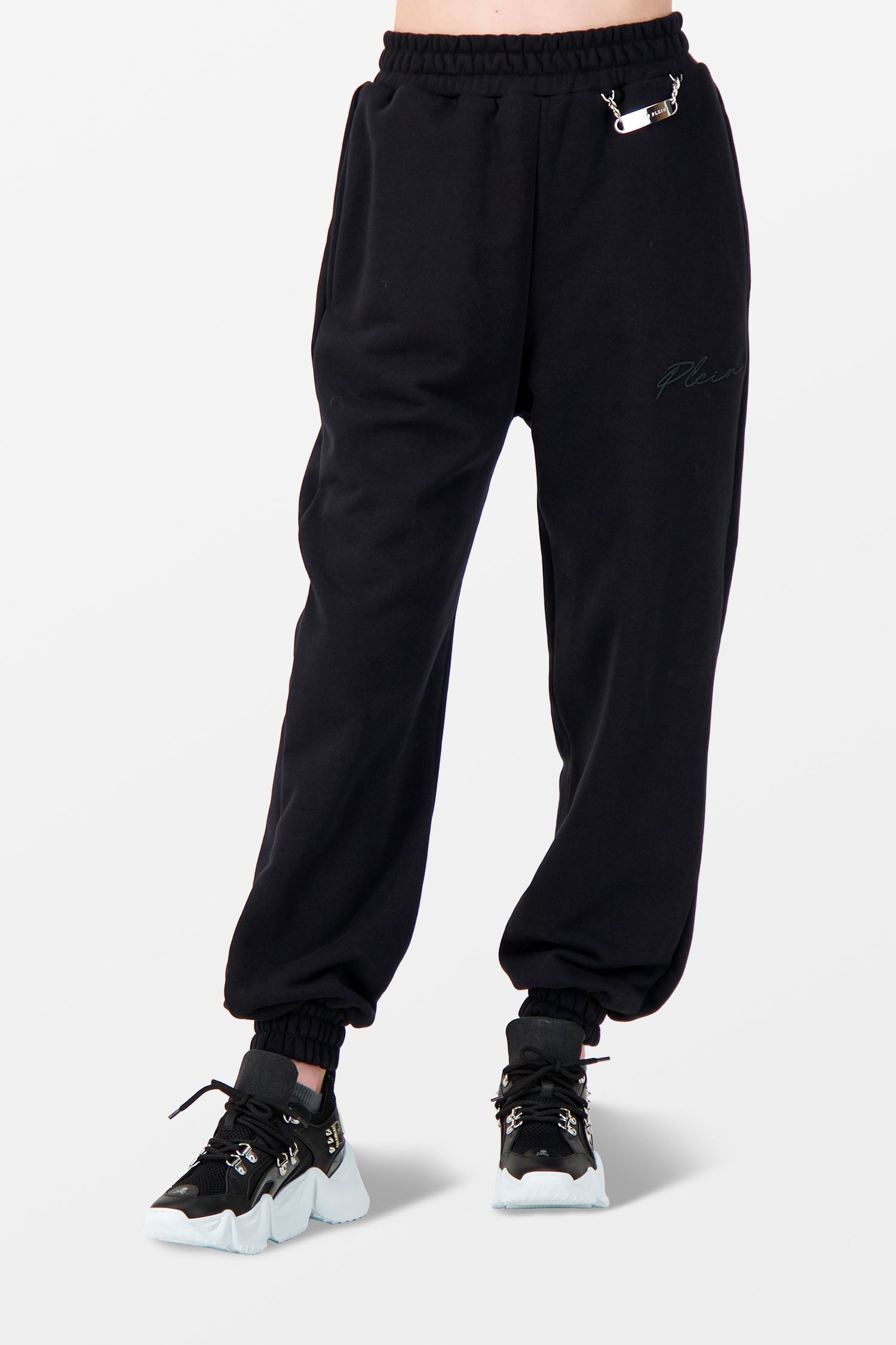 Philipp Plein Black Embroidery Signature Trousers for Men | Luxury Designer Pants with Embroidered Logo | Perfect for Night Out, Party & Fashion Events