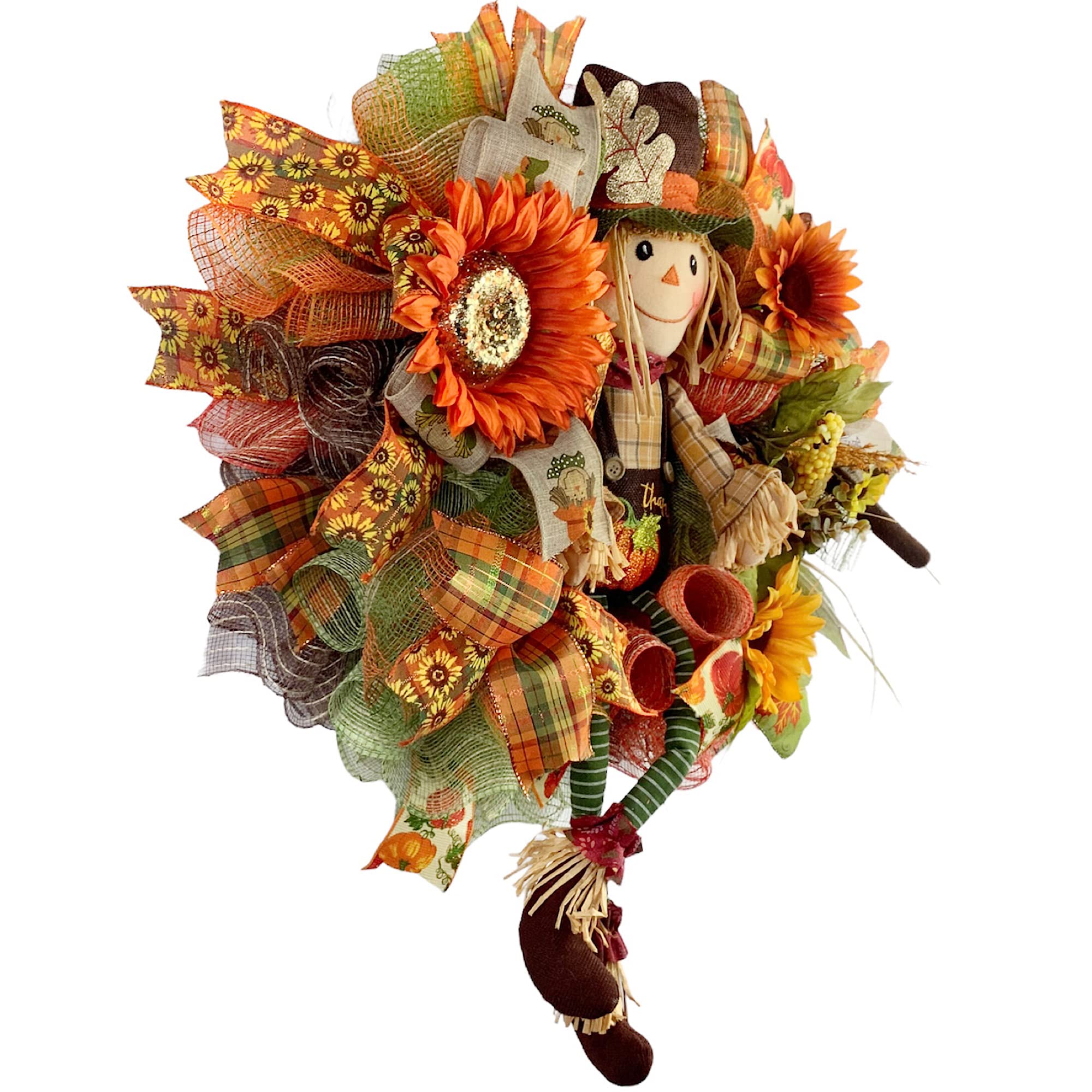 Handmade Fall Scarecrow Wreath with Sunflowers, Autumn Leaves & Bow - Rustic Front Door Decor for Autumn Season | Perfect for Thanksgiving, Halloween & Seasonal Home Decoration