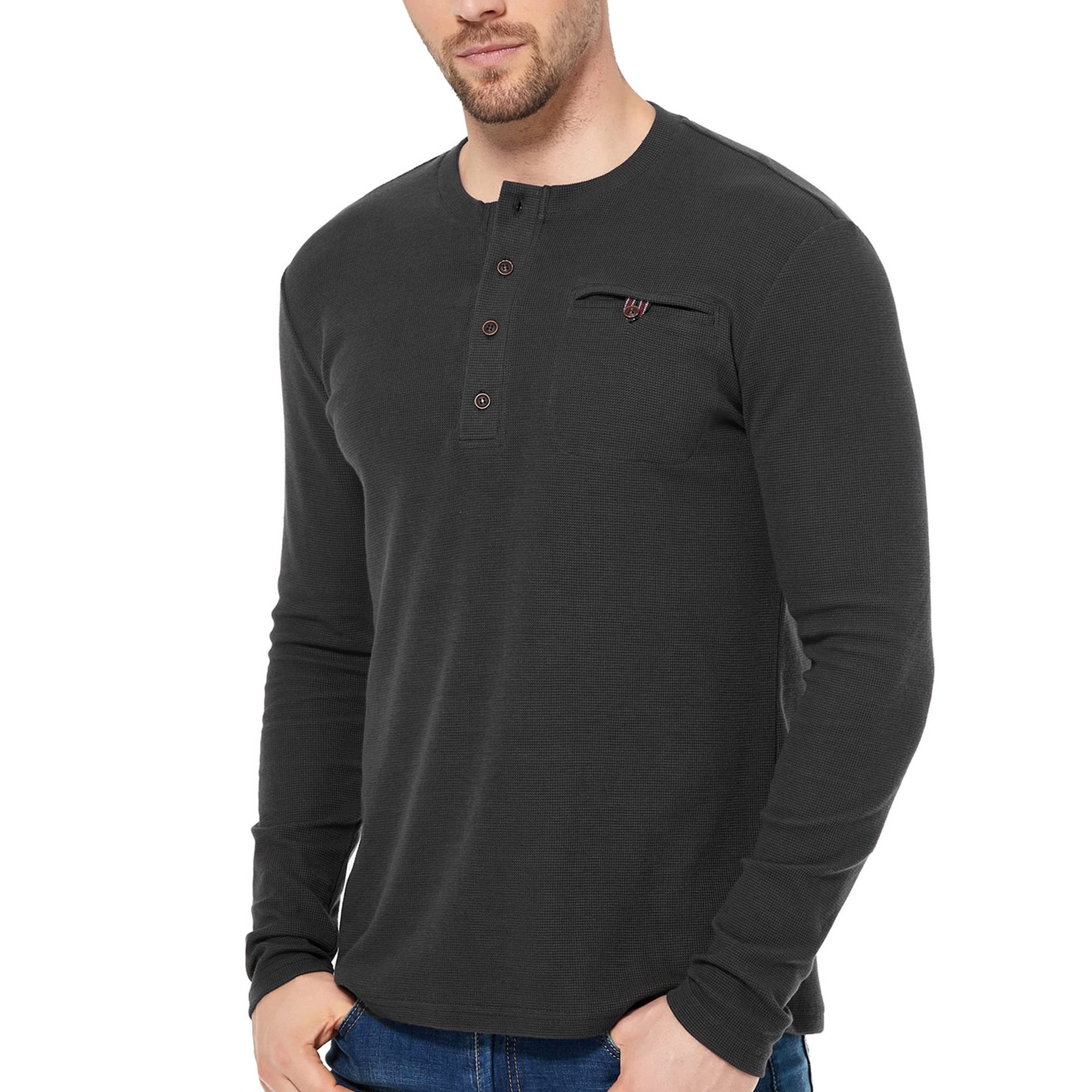 CUNYI Men's Long Sleeve Waffle Henley Shirt - Soft Thermal Knit Top for Casual Wear, Layering & Outdoor Activities