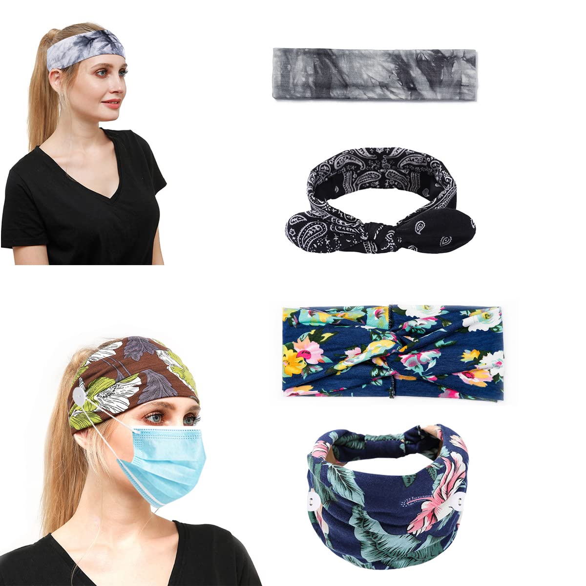 4 Pack Women's Tie Dye Headbands with Button for Masks - Non-Slip Elastic Hair Bands for Workout, Yoga, Running & Washing Face - Perfect for Gym, Sports & Daily Use