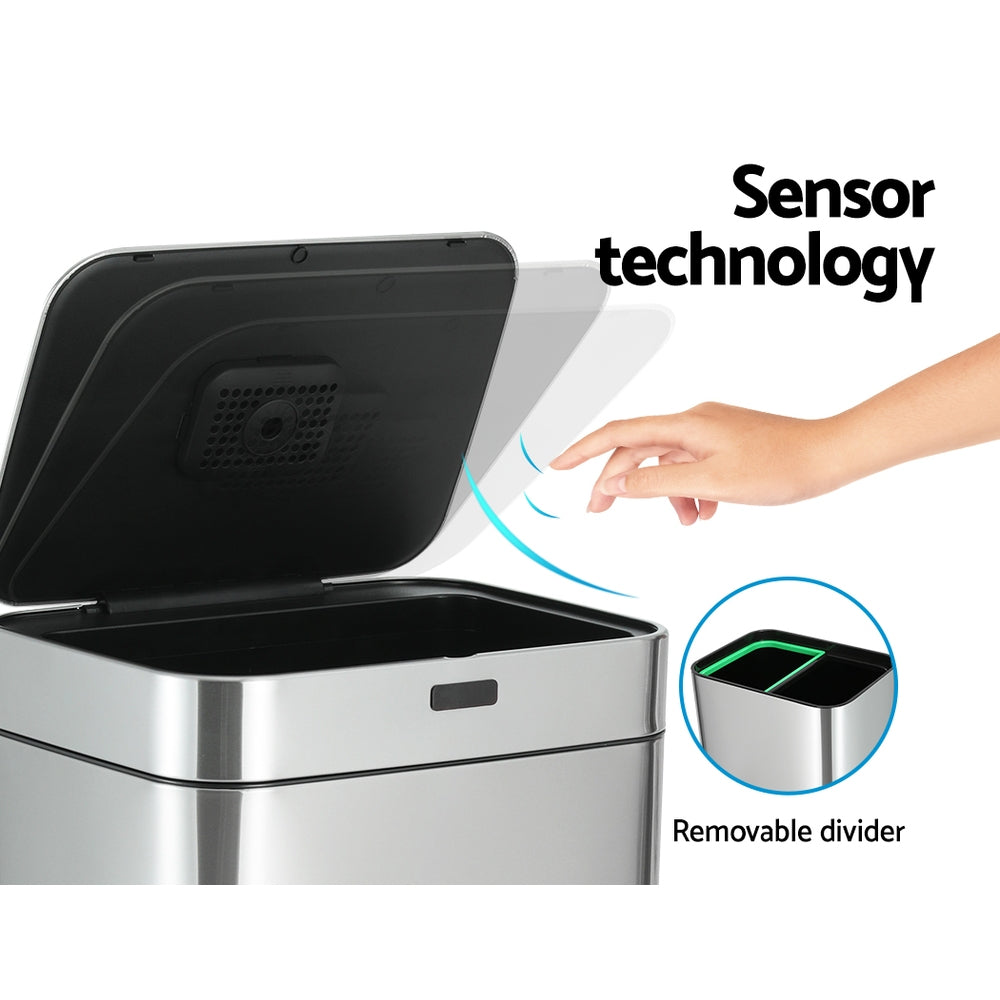 Devanti 70L Automatic Motion Sensor Trash Can - Hands-Free Touchless Kitchen Garbage Bin with Lid, Stainless Steel Silver - Perfect for Home, Office & Commercial Use
