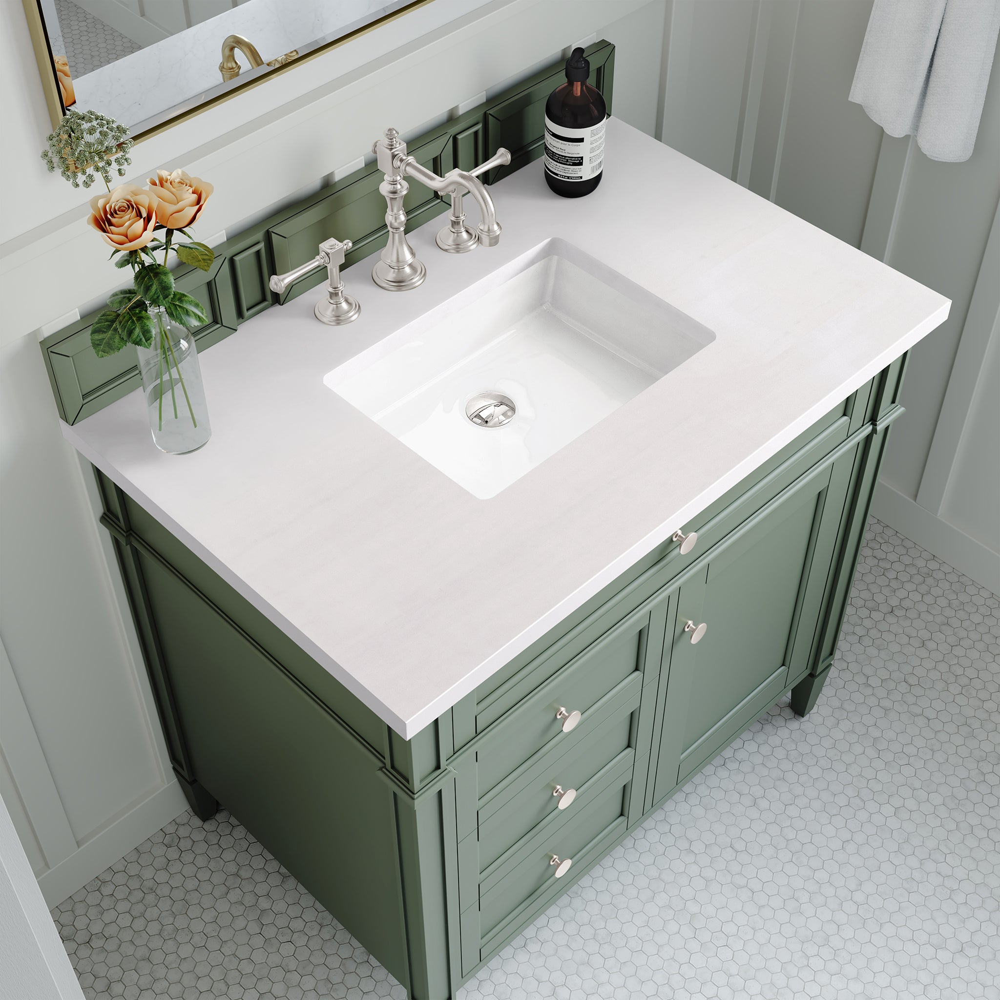 Brittany 36 Inch Single Bathroom Vanity with Smokey Celadon Finish & 3CM White Zeus Countertop - Perfect for Modern Master Bathrooms and Guest Bath Renovations