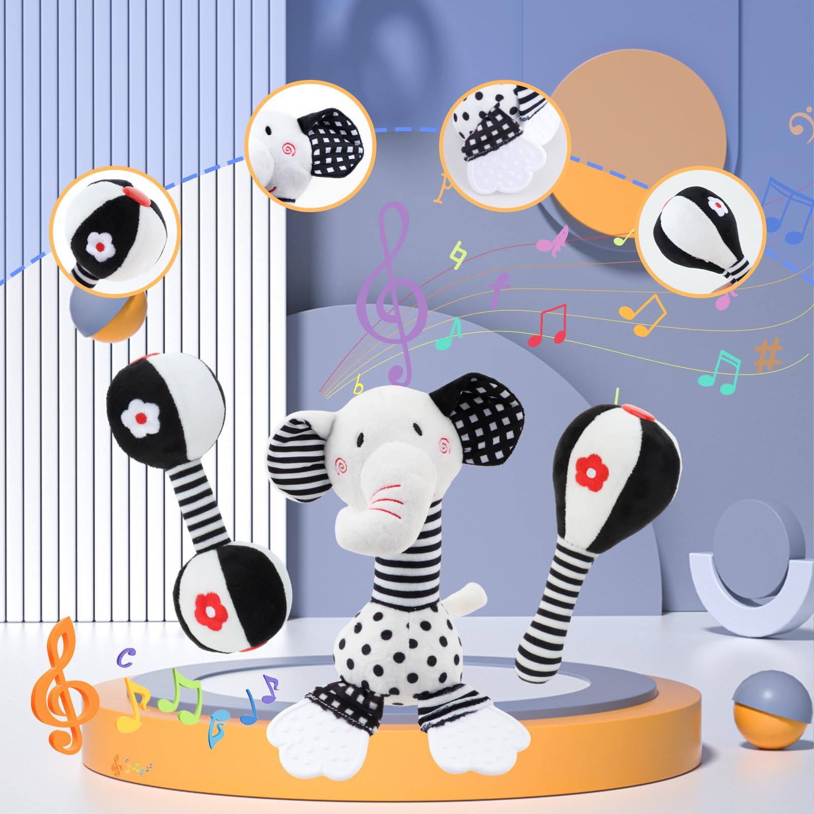 Soft Baby Rattles 0-12 Months - Black & White High Contrast Newborn Toys for Brain Development, Montessori Teether Chew Toy with Plush Elephant Design - Perfect for Tummy Time, Sensory Play & Early Learning