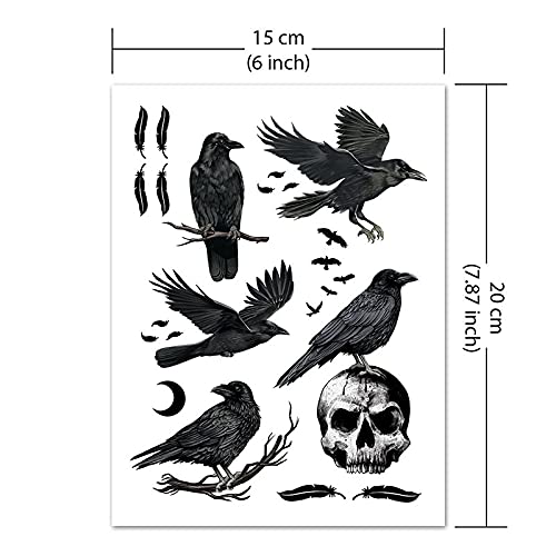 WIRESTER Temporary Tattoo Stickers for Girls, Boys, Kids & Adults - Fake Tattoos for Face, Hand, Neck & Wrist - Ravens and Crows Design - 6 x 7.87 Inch Tattoo Sheets - Perfect for Parties, Halloween, Cosplay & Body Art