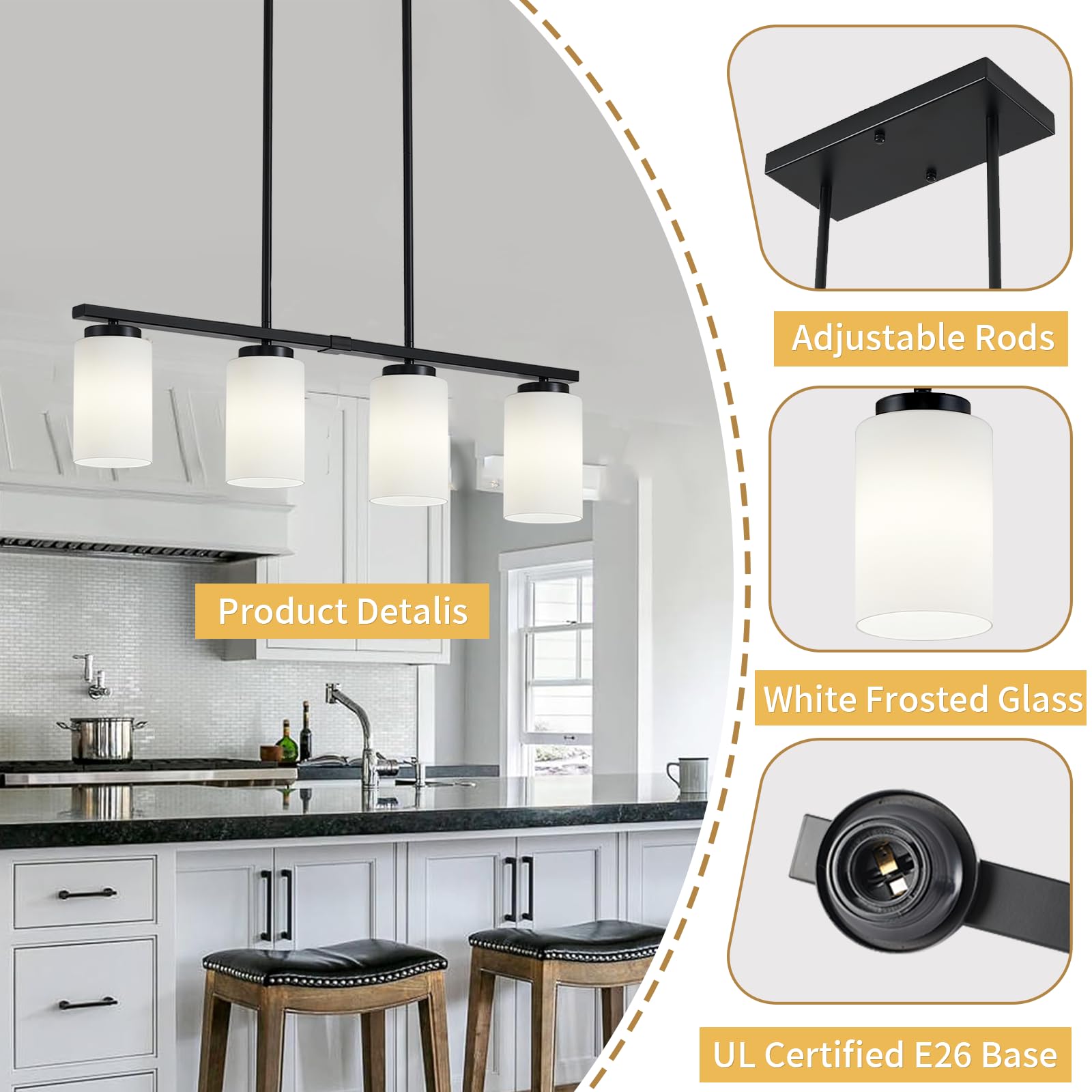 4-Light Farmhouse Linear Chandelier - Adjustable Kitchen Island Lighting with Milky Glass Shades - Rustic Dining Room Pendant Light Fixture for Modern Farmhouse, Restaurant & Breakfast Nook Decor