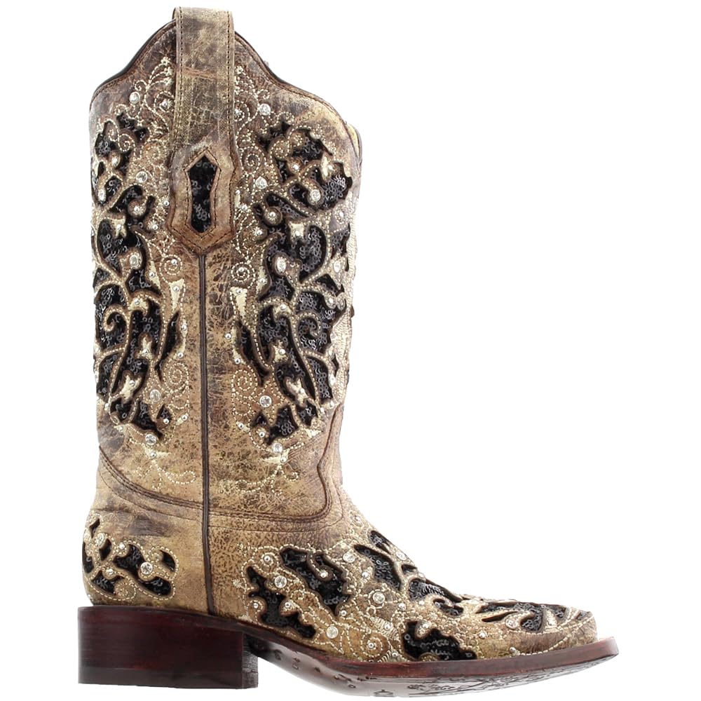 Women's Corral Boots - Sequined Tooled-Inlay Square Toe Dress Boots, Mid Calf with 1-2
