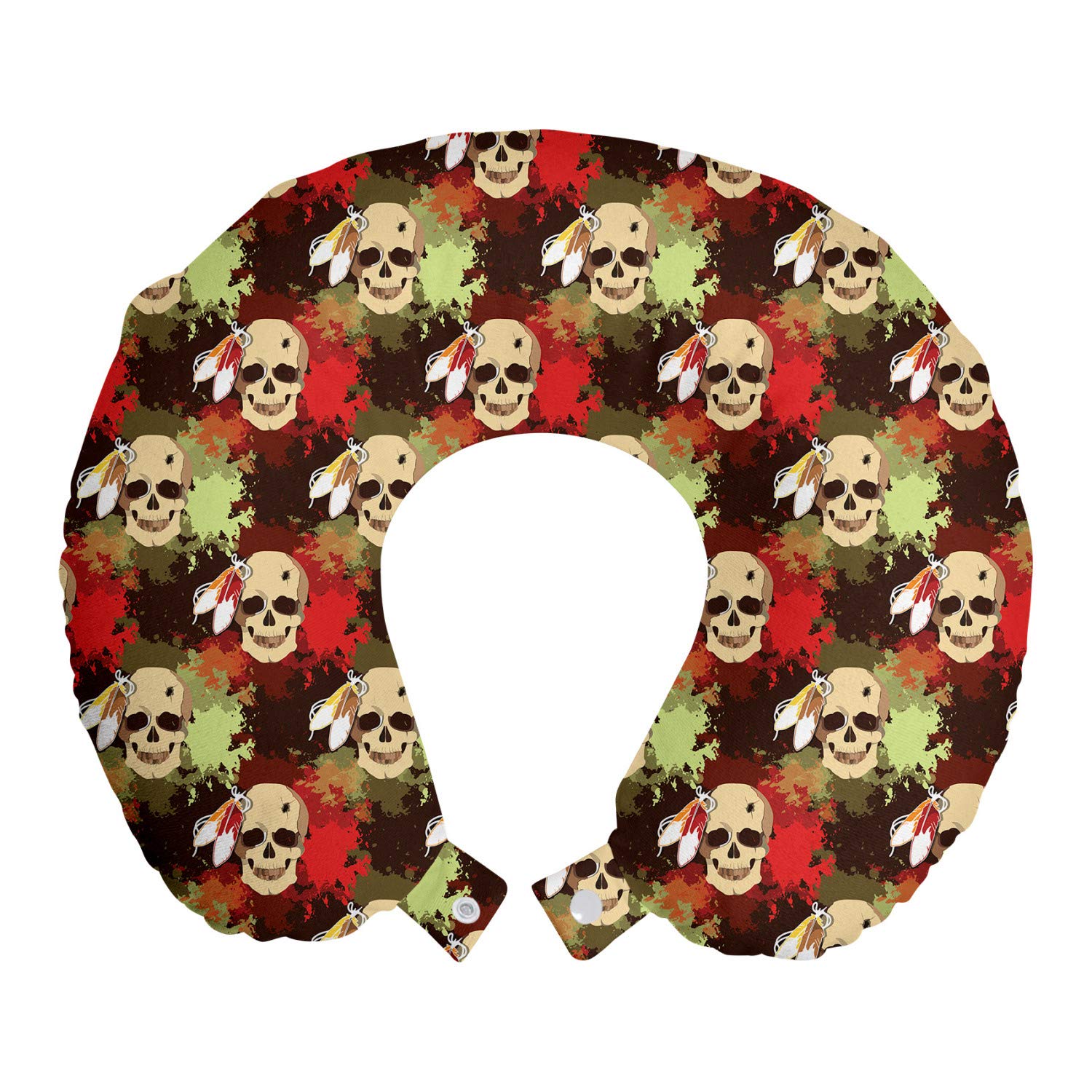 Ambesonne Memory Foam Travel Pillow - Skull with Feathers Tribal Design, 12 Inch Neck Rest for Airplane, Car & Office - Pistachio Green Cream - Perfect for Long Flights, Road Trips & Nap Breaks