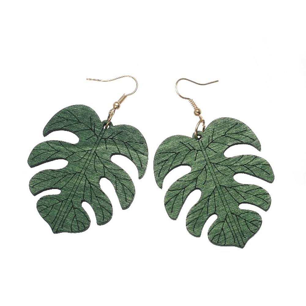 2 Pairs Natural Wooden Monstera Leaf Stud Earrings for Women - Tropical Plant Palm Leaf African Style Handmade Ethnic Jewelry - Perfect for Boho, Beach, and Summer Outfits