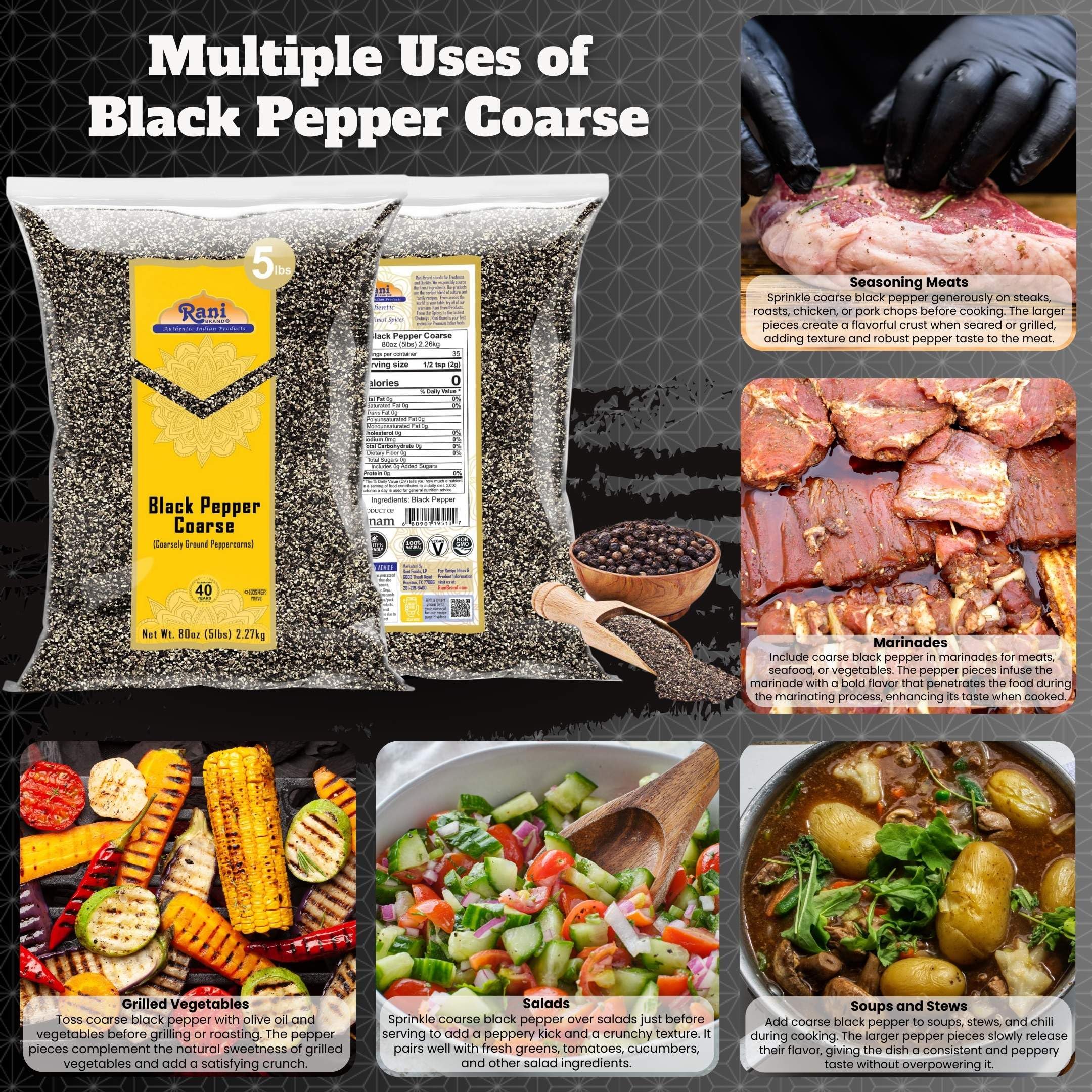 Premium Coarse Ground Black Pepper 28 Mesh (Table Grind) - 5lb Bulk (80oz/2.27kg) | All Natural, Vegan, Gluten-Free, Non-GMO, Kosher Certified | Perfect for Grilling, Seasoning & Home Cooking
