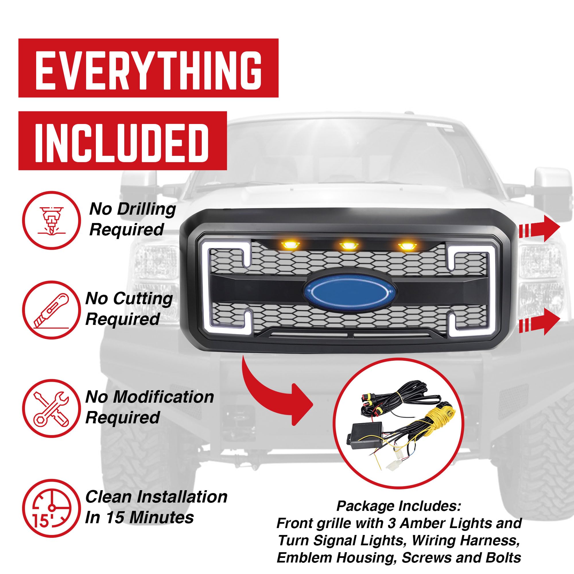 **2011-2016 Ford F250 F350 F450 F550 Matte Black Raptor Front Grille with DRL & Turn Signal Lights | Heavy-Duty Truck Upgrade | Off-Road & Street Style Enhancement**