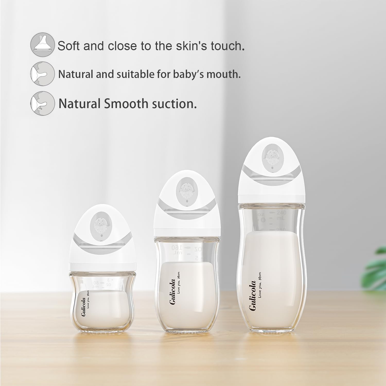 Gulicola 4-Pack Natural Glass Baby Bottles for Newborns, Slow Flow Nipples, 3 oz & 5 oz (Pink) - Safe BPA-Free Feeding Bottles for Breastfeeding and Formula - Perfect for Daycare, Travel, and Home Use