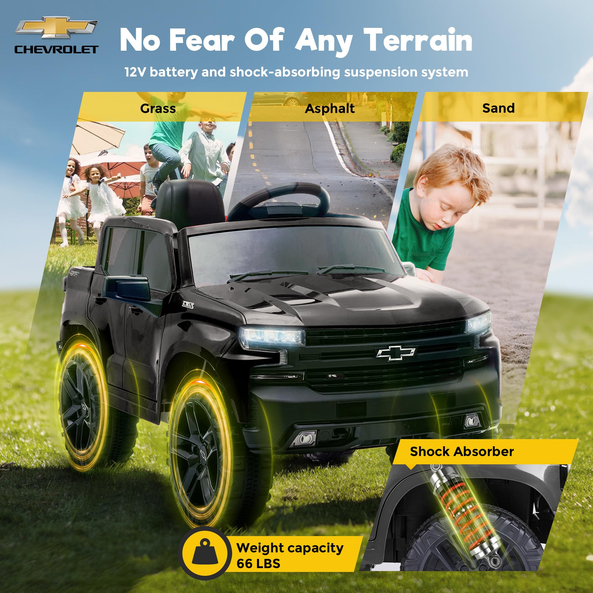 Licensed Chevrolet Kids Electric Ride-On Truck - 12V Battery-Powered Toy Car with LED Lights, MP3 Player & Storage - Black | Outdoor Play, Birthday Gifts for Boys & Girls Ages 3-8