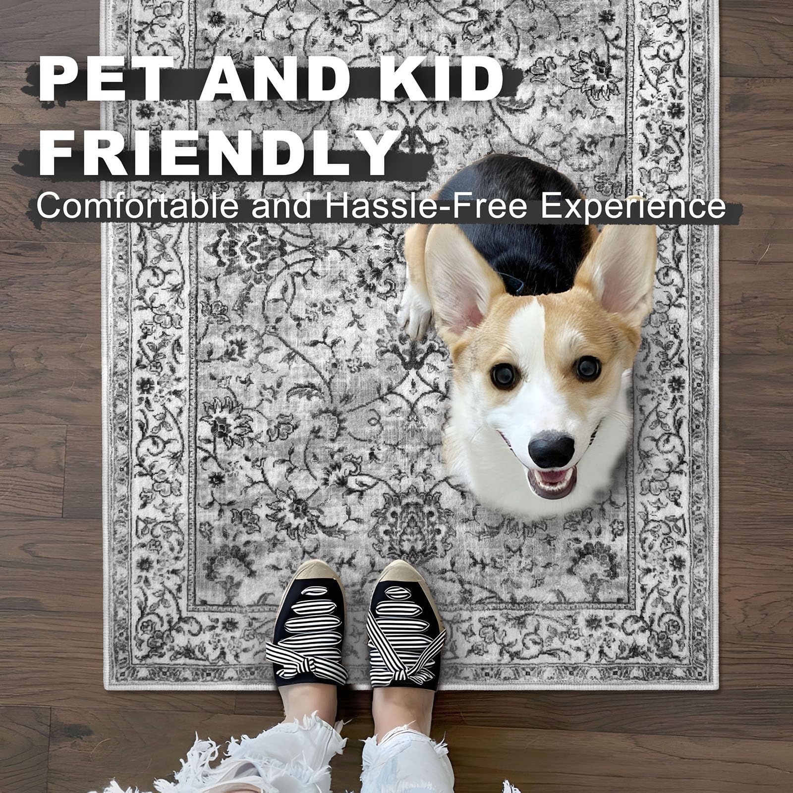 KILOCOCO Vintage Floral Washable Non-Slip Runner Rug 2x6 - Distressed Boho Hallway, Kitchen & Laundry Room Rug - Soft Light Gray White for Bedroom, Entryway & High Traffic Areas
