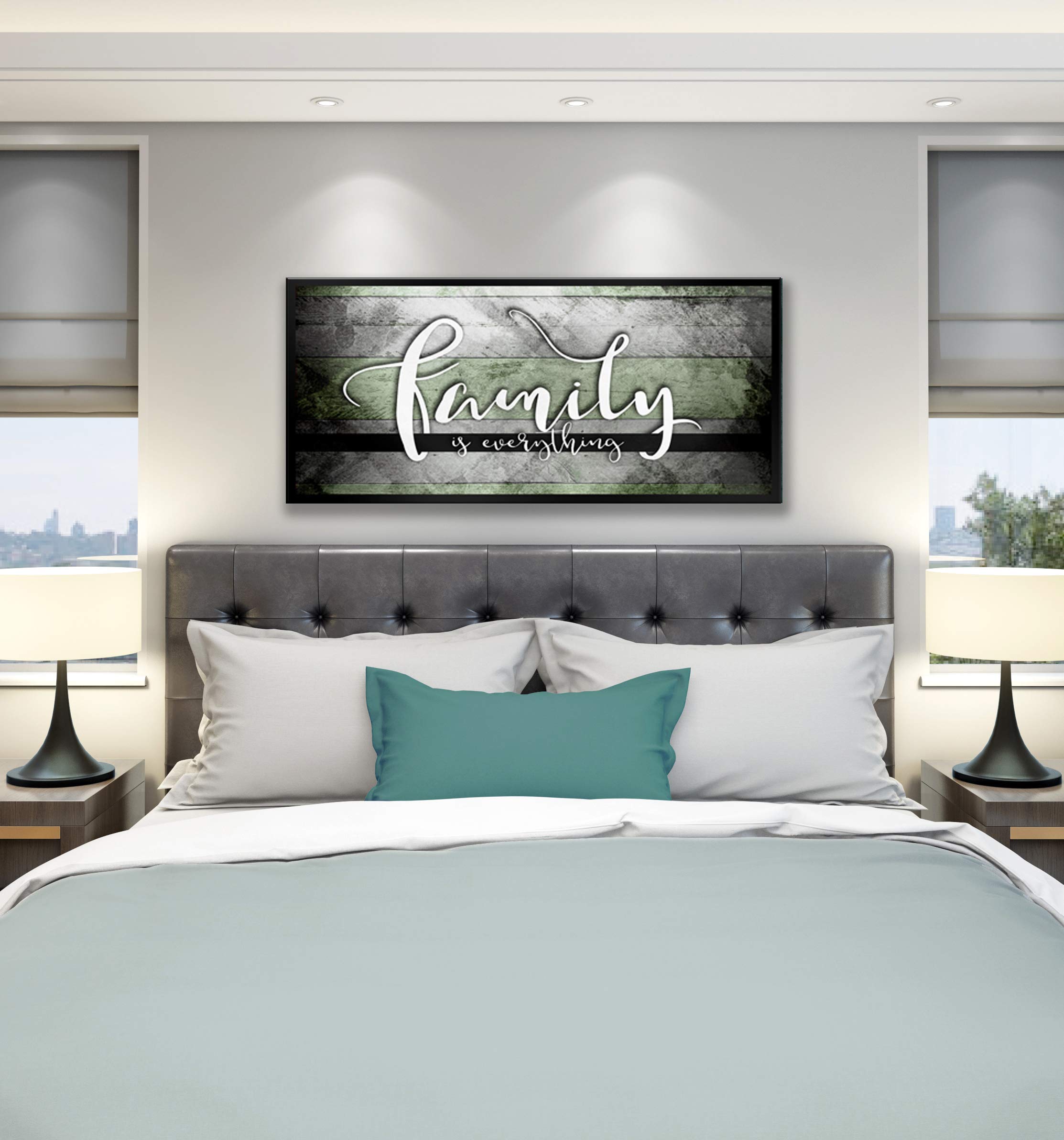 Family Is Everything Wall Art - Framed Canvas Painting for Living Room & Farmhouse Decor - Large 42x19 Inch Green & Black Floating Frame - Perfect for Home, Office, and Gift Giving