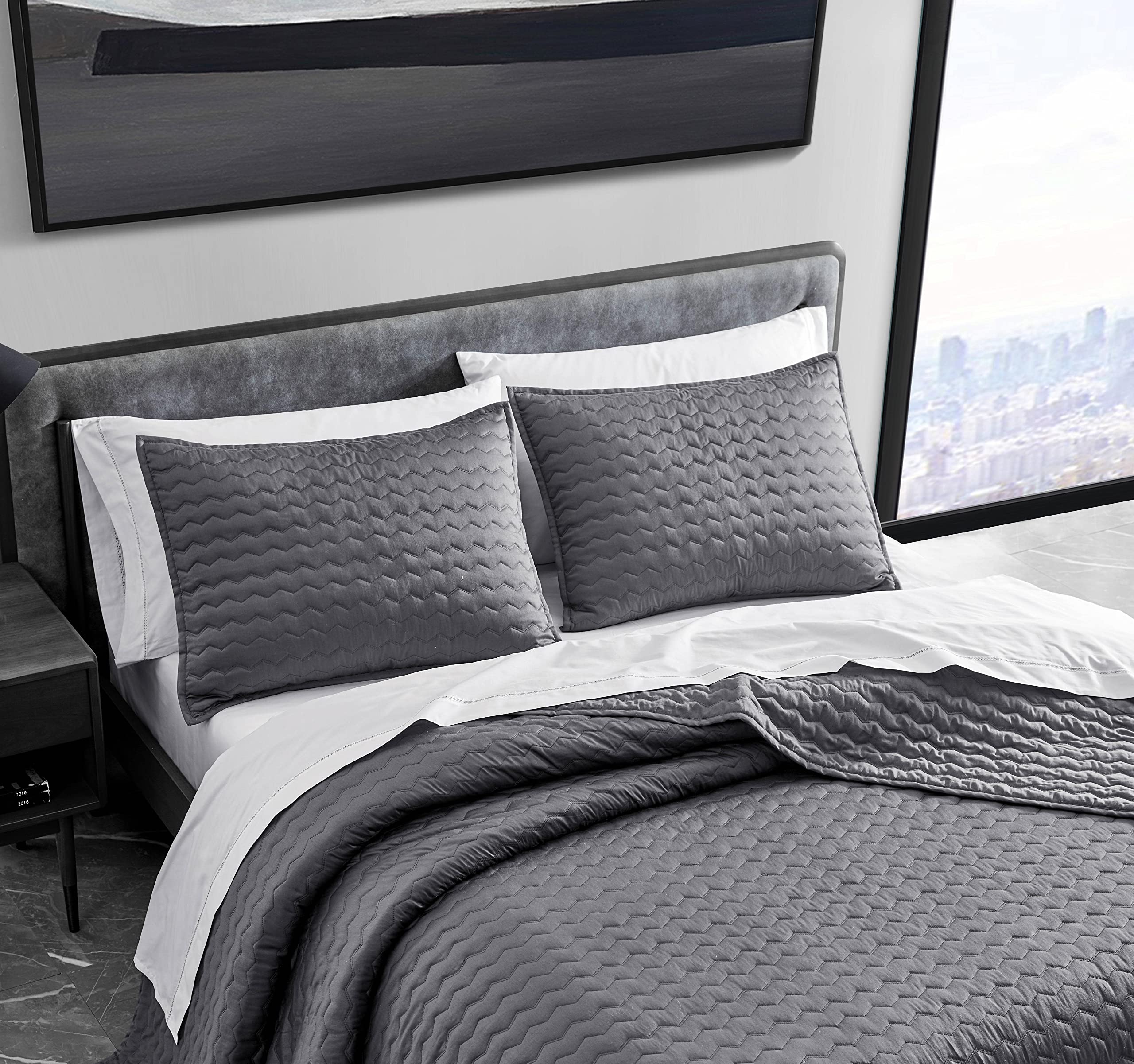 Vera Wang Queen Quilt Set - Luxury 100% Cotton Bedding Set with Matching Shams, Modern Herringbone Charcoal Grey Comforter for Master Bedroom & Guest Room Decor