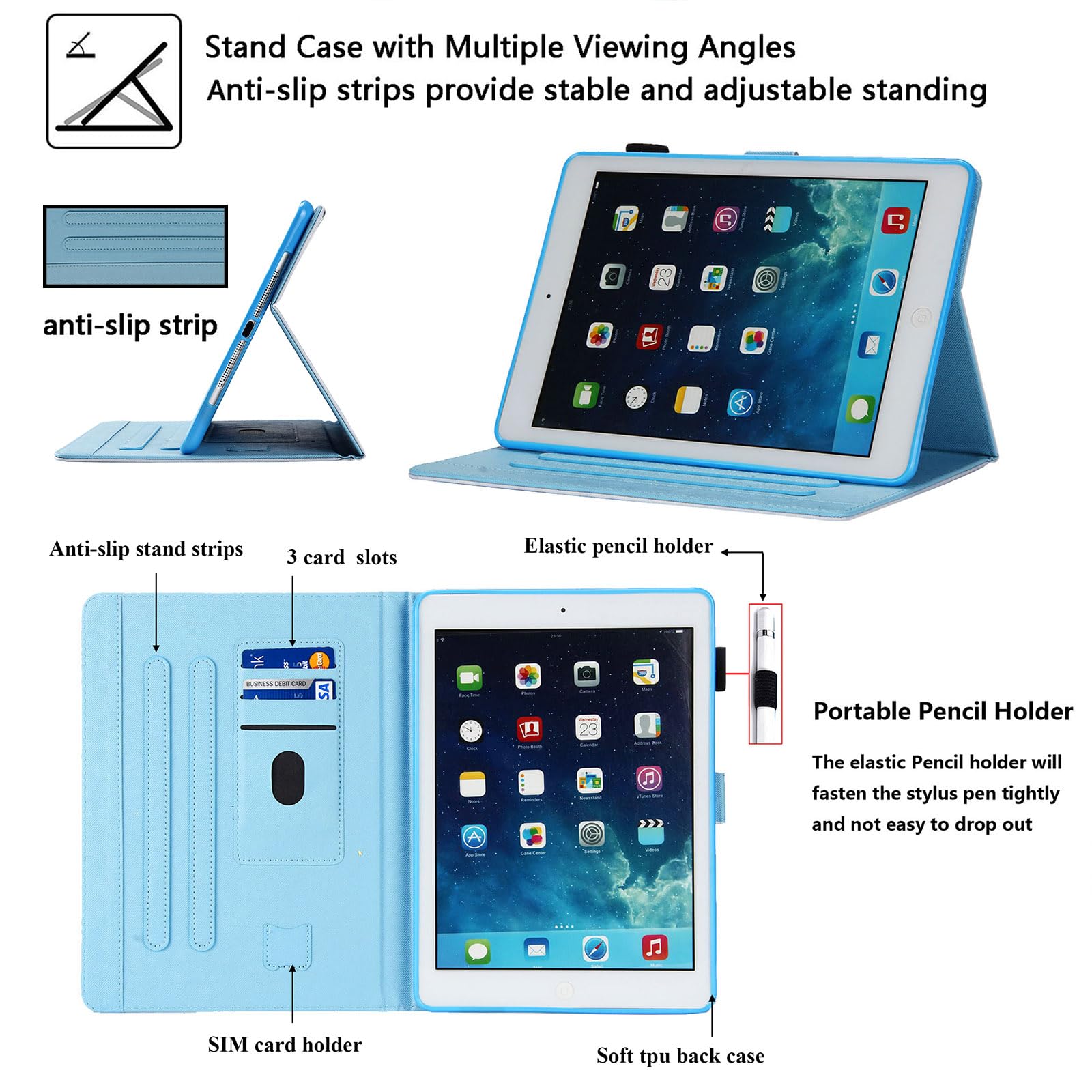 Premium PU Leather iPad Case for iPad 9.7 Inch (2018/2017) - Compatible with iPad 6th/5th Gen & iPad Air 1/Air 2 - Folio Stand Cover with Pencil Holder & Auto Sleep/Wake Feature - Purple Marble Design - Perfect for Work, School & Travel Protection