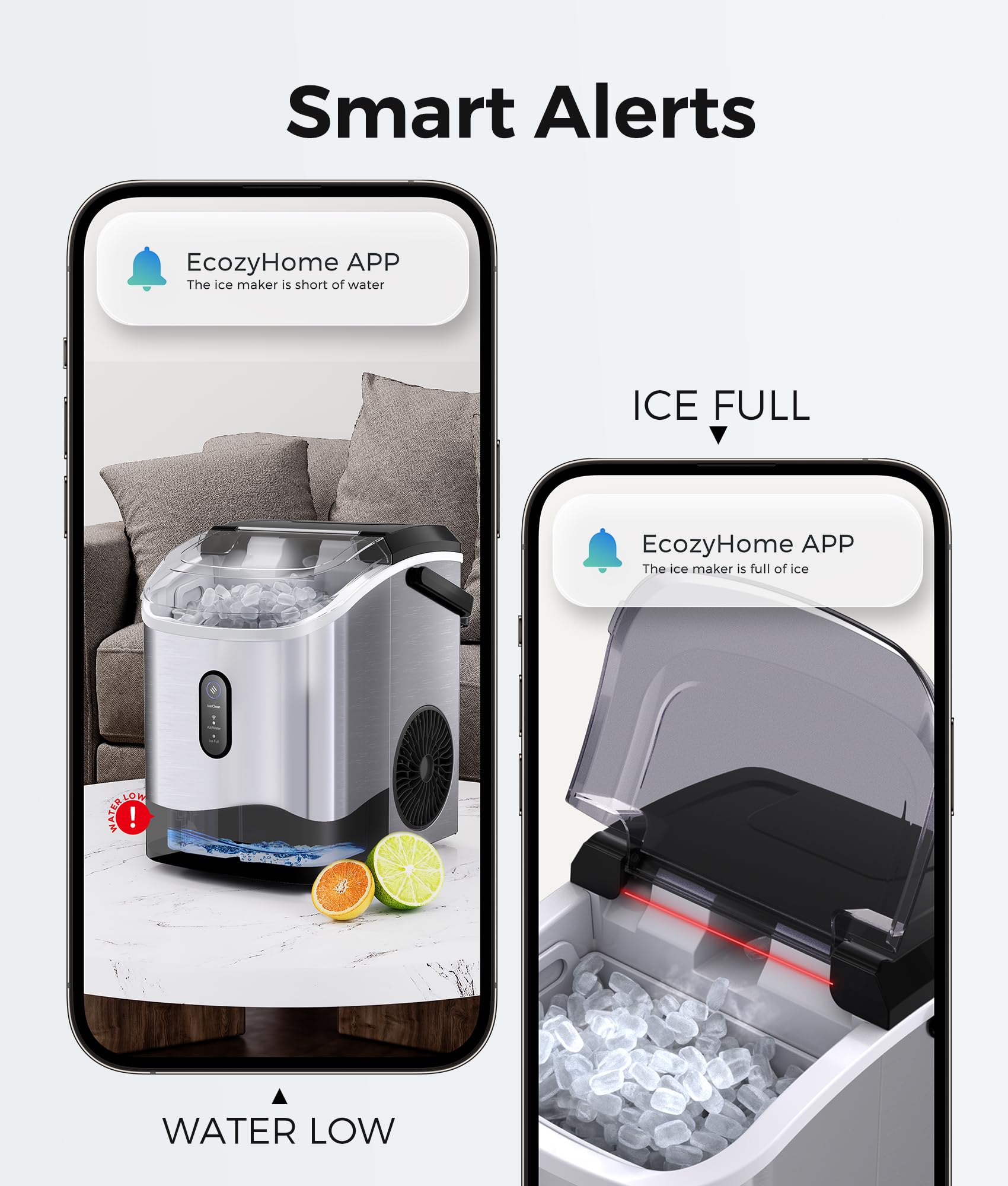 Ecozy Smart Nugget Ice Maker Countertop - Portable Pebble Ice Machine with Voice Control & WiFi App, 33lbs/24H Soft Chewable Ice, Self-Cleaning Pellet Ice Maker, Stainless Steel - Perfect for Kitchen, Home Bar, Office, and Party Use