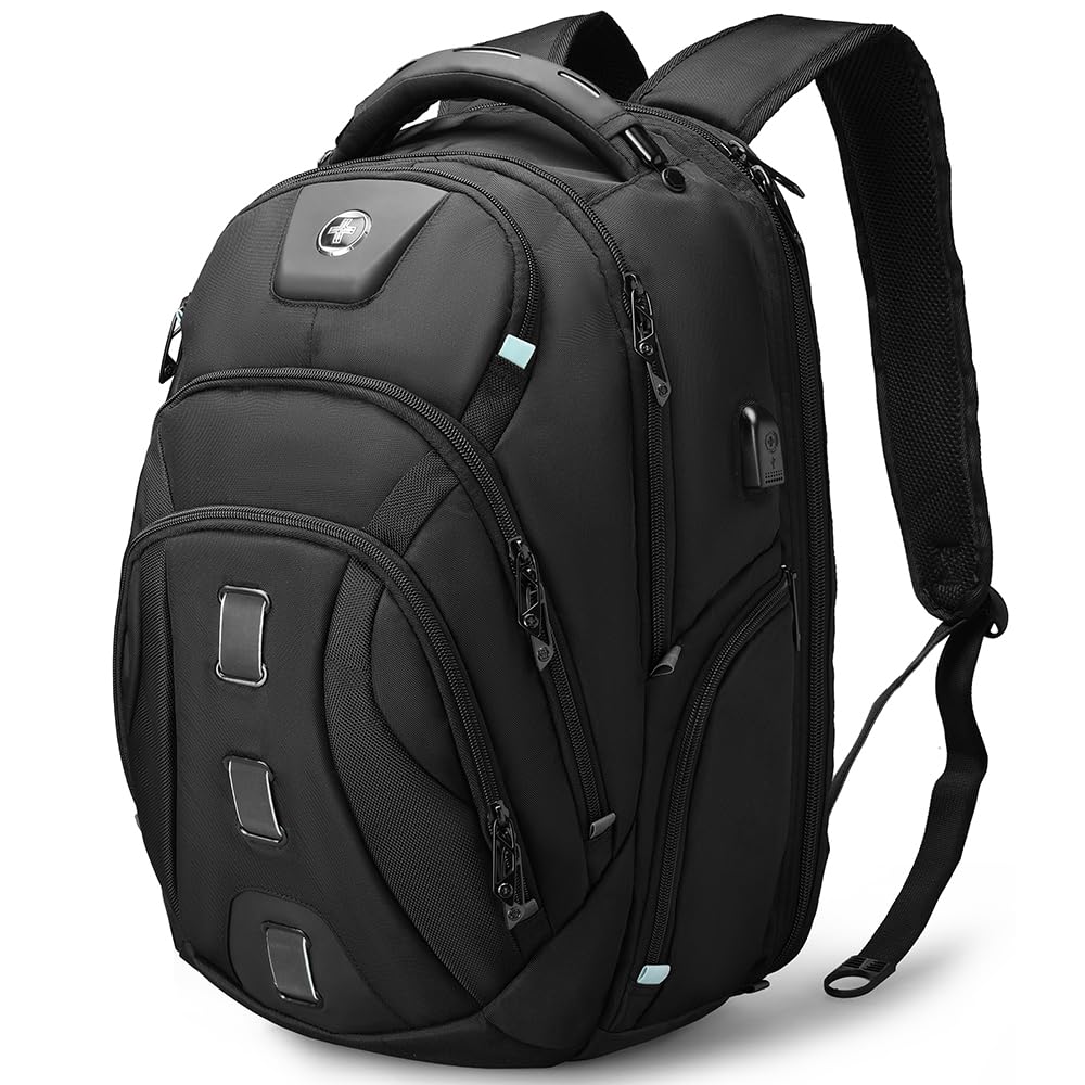 Swissdigital Men's Travel Laptop Backpack - Large Capacity TSA Approved USB Charging RFID Protection Business Backpack for College & Work - Fits 17 Inch Laptops (Black) | PIXEL PRO - Perfect for Business Trips, Commuting & Daily Office Use