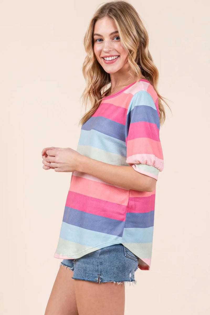 BOMBOM Women's Striped Round Neck Half Sleeve T-Shirt - Casual Summer Tee for Outfits, Beach & Daily Wear