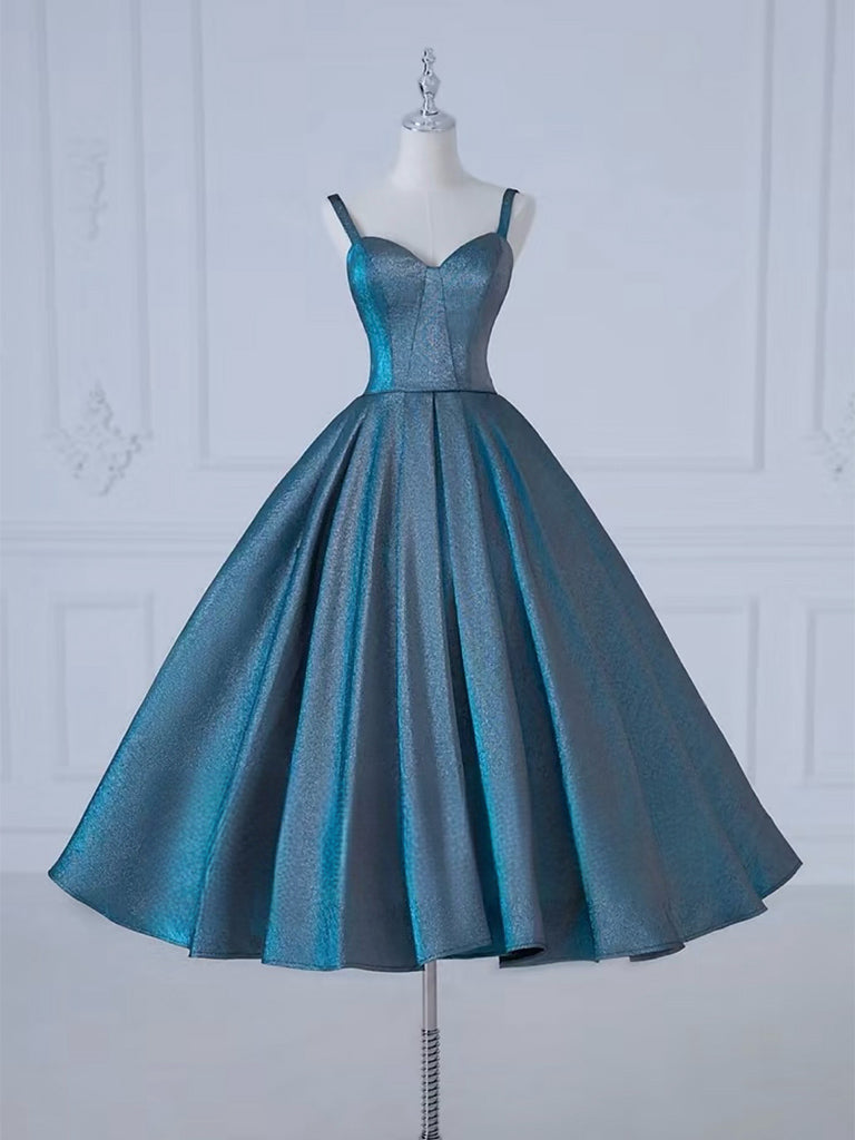 Elegant A-Line Sweetheart Neck Satin Tea-Length Blue Prom Dress | Formal Evening Gown for Homecoming, Quinceañera & Special Occasions | Perfect for Dances, Weddings & Parties