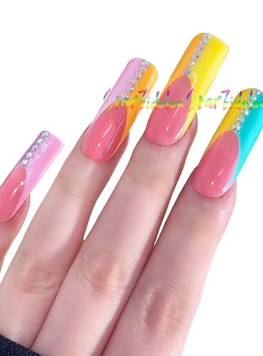 Hand-Painted Press on Nails Square Short French Tips & Coffin Fake Nails Kit - Salon Quality Medium Press on Nails with Glue for Women & Girls | Custom Long Coffin Stiletto (Style 16) | Perfect for Parties, Weddings, Date Nights & Everyday Wear