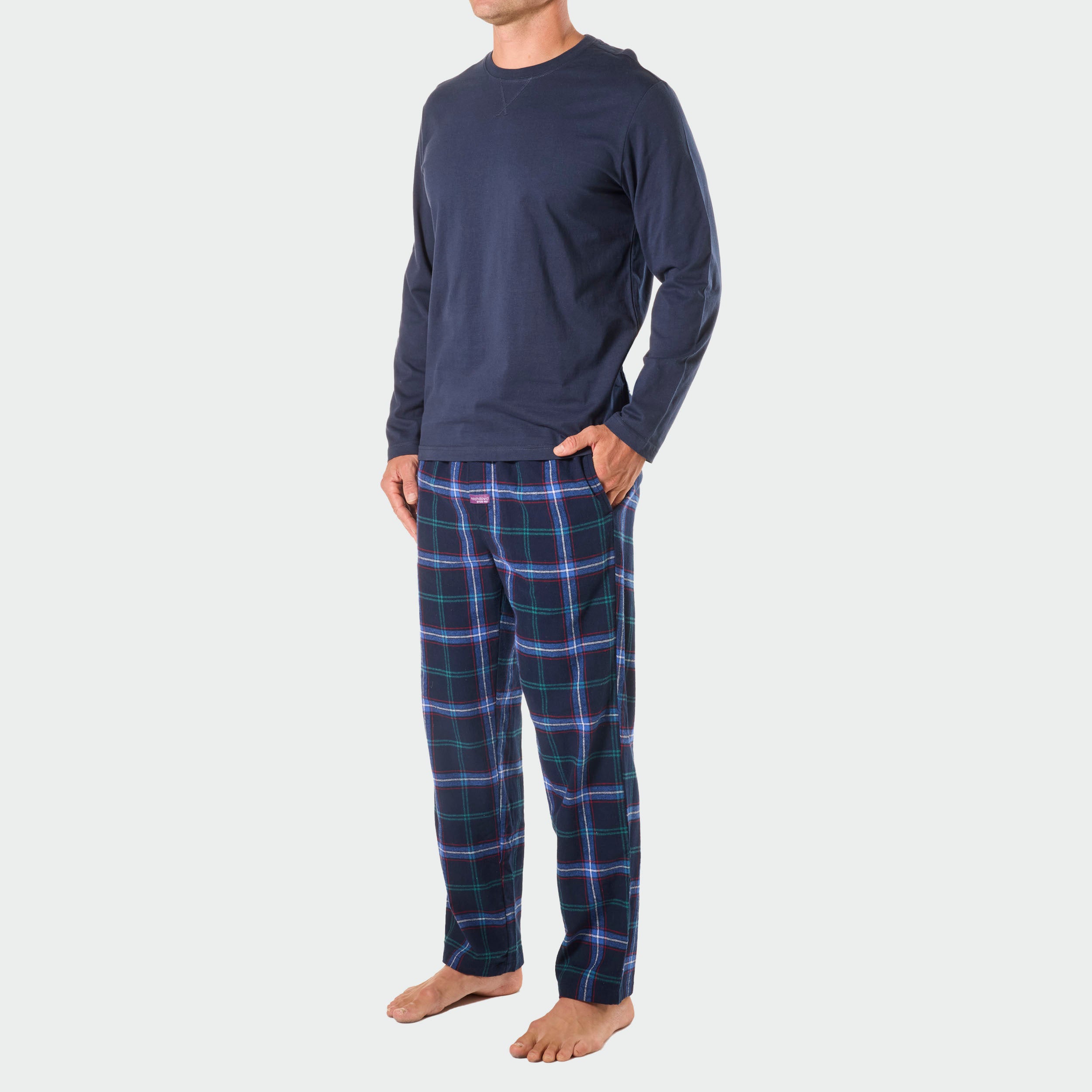 Men's Miles Check Cotton Flannel Long Sleeve Pajama Set - Navy Blue Plaid Sleepwear for Winter Nights & Cozy Lounging at Home