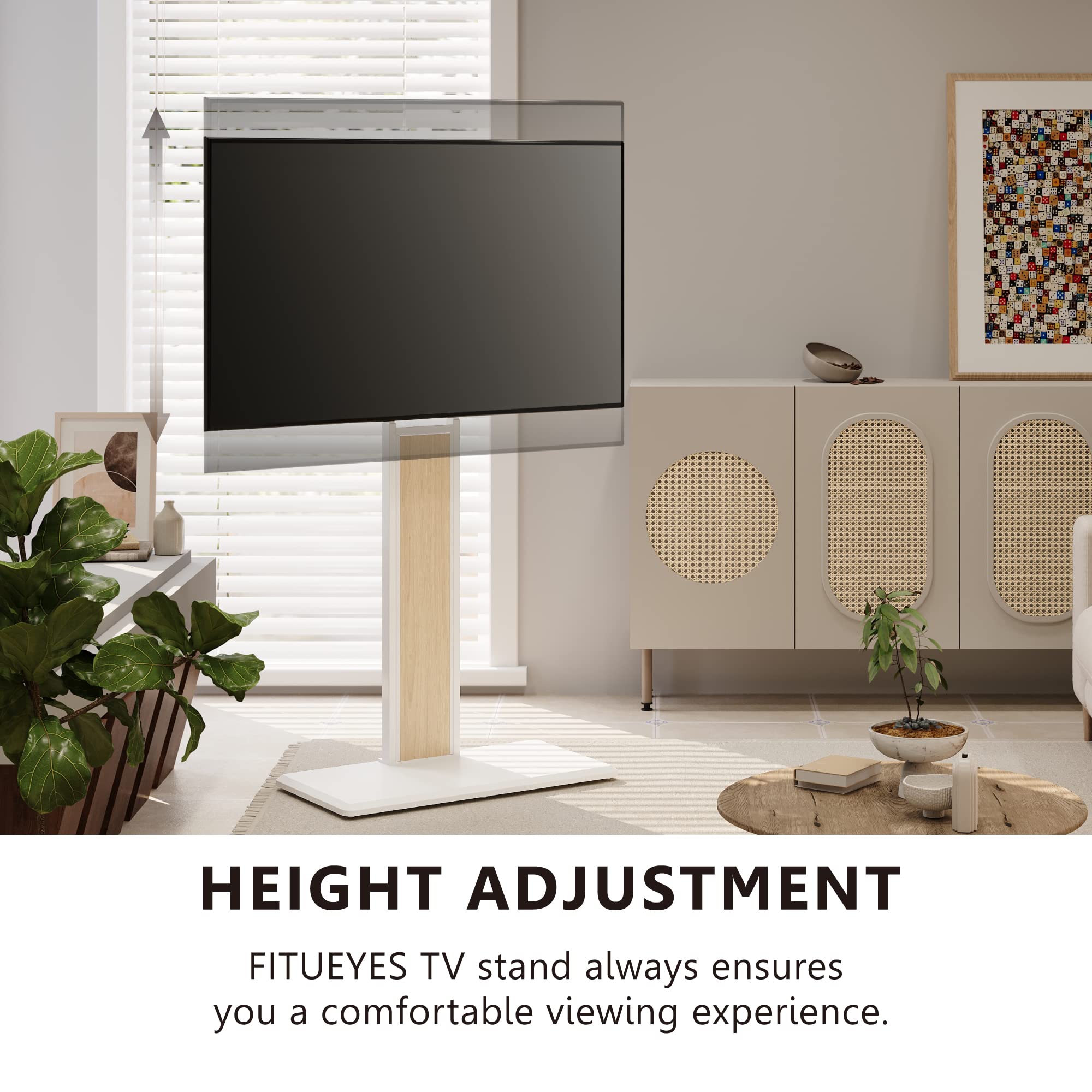 FITUEYES Swivel TV Stand for 32-75 Inch Flat Screens - Solid Wood Base, Height Adjustable TV Mount Bracket (Max VESA 600x400mm, Holds 88 lbs) - Perfect for Living Room, Bedroom & Home Theater Entertainment