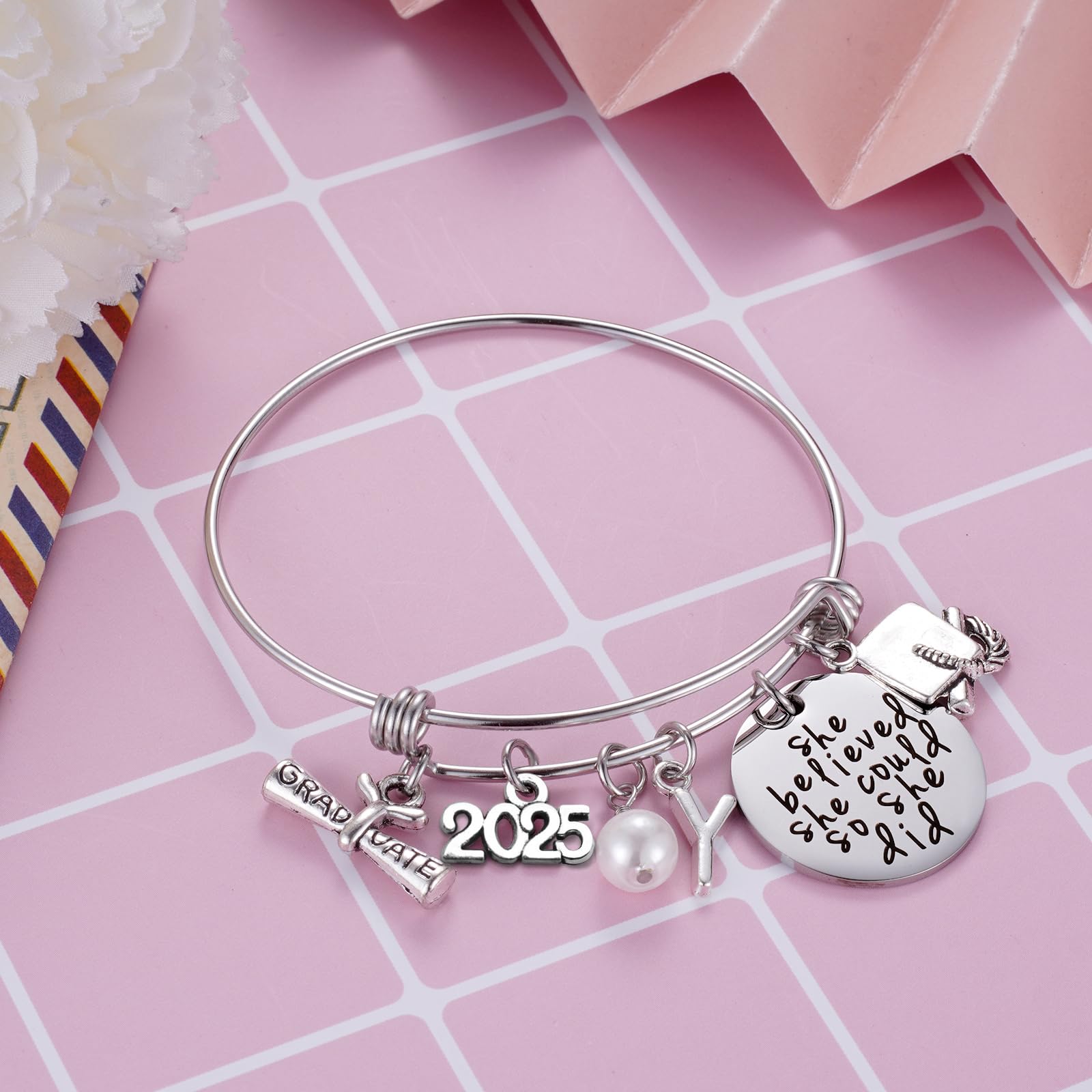 Ukodnus Class of 2025 Graduation Bracelet - Personalized 26 Initial Charm Bracelet for High School & College Seniors - Inspirational Gift for Her - Perfect for Graduation Ceremonies & Milestone Celebrations