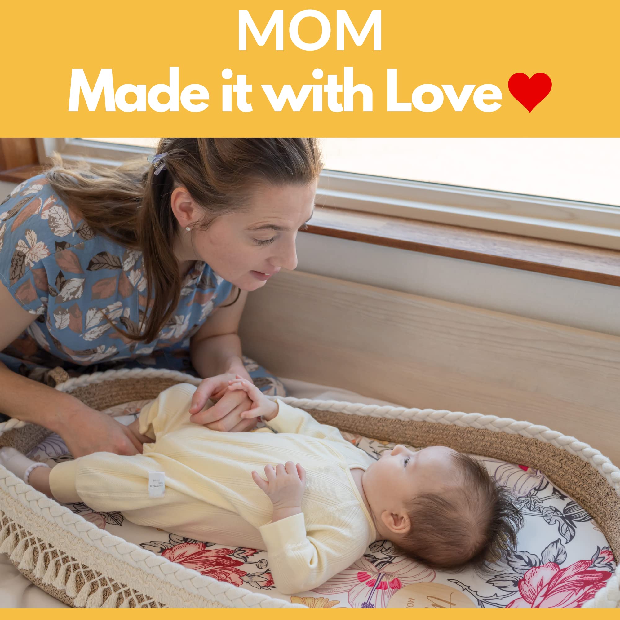 Handmade Macrame Boho Baby Changing Basket Kit - 100% Cotton Woven Moses Basket with Waterproof Pad & Floral Pad, Nursery Decor, Milestone Cards, Changing Table Topper for Dresser - Perfect for Newborn Care, Baby Showers & Boho Nursery Themes