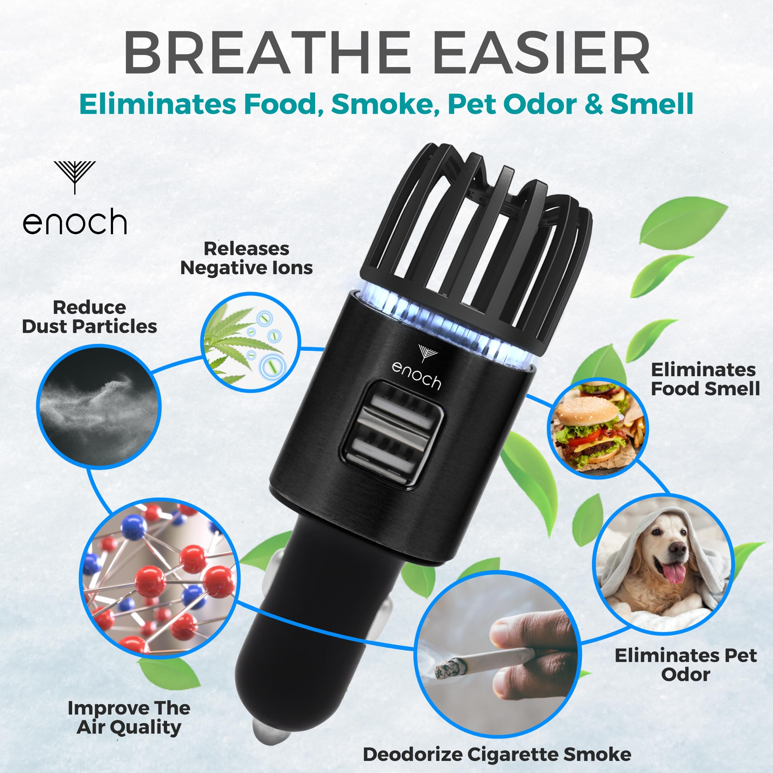 Enoch Ionic Car Air Purifier with Dual USB Charger - Eliminates Odor, Dust, Smoke, Pet & Food Smells - Ozone Car Deodorizer for Fresh Air (Matt Black) | Perfect for Road Trips, Commuting & Pet Owners