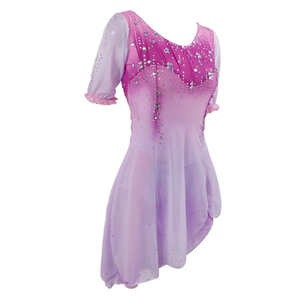 Ice Skating Dress for Women & Girls - Pink Short Sleeve Competition Leotard - Performance Costume for Figure Skating, Ice Shows & Dance Recitals