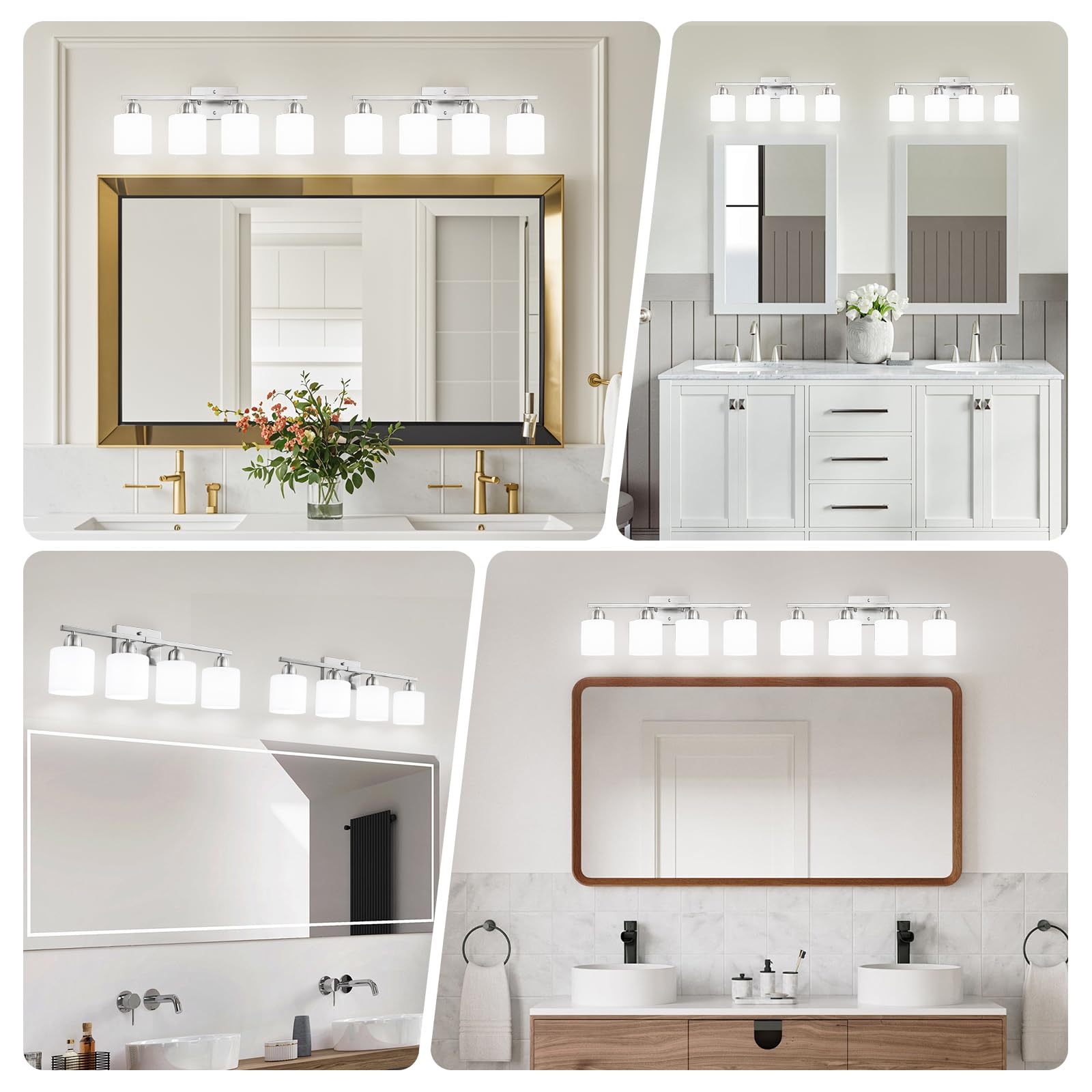 4-Light Brushed Nickel Bathroom Vanity Light Fixture with Milky White Frosted Glass Shade - E26 Base Wall Sconce for Mirror, Bedroom & Living Room - Perfect for Modern Home Decor and Ambient Lighting