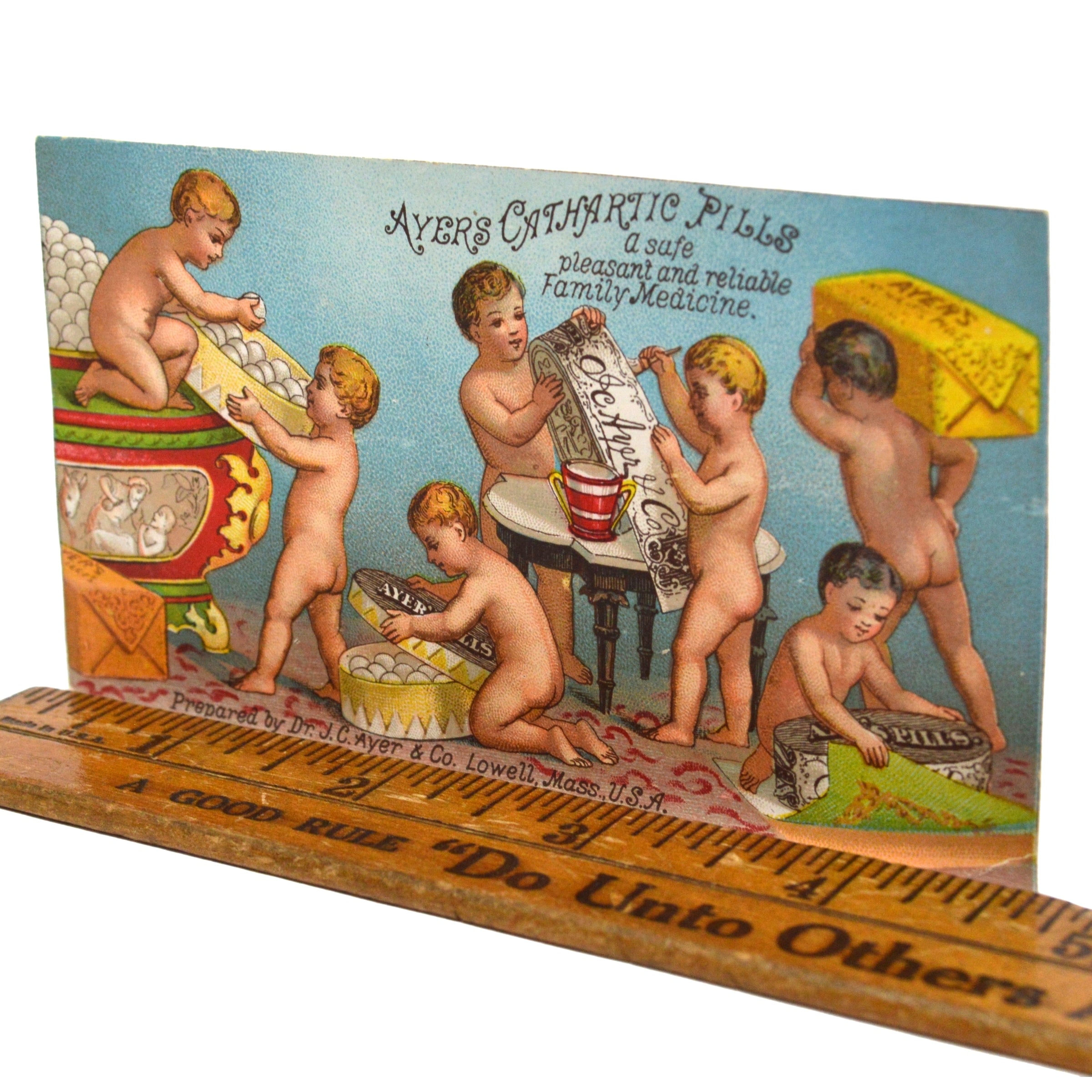 Vintage Ayer's Cathartic Pills Antique Medicine Advertising Trade Card with 7 Naked Babies - Perfect for Collectors, Home Decor & Historical Memorabilia Display