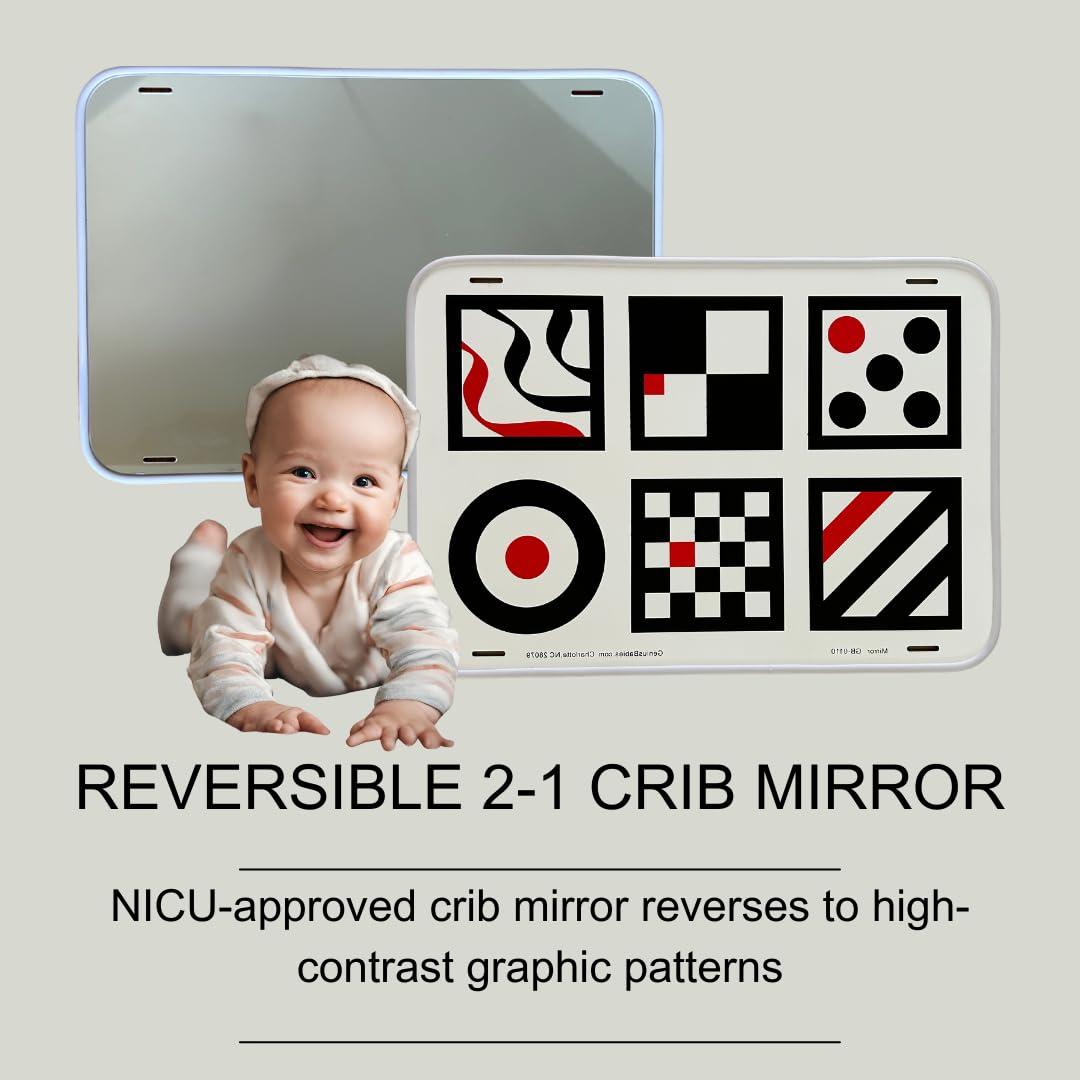 Genius Baby Toys Crib Mirror - Large Double-Sided High Contrast Infant Mirror for Newborns - Shatterproof & NICU Approved Safe Baby Mirror with Hospital-Grade Rubber - Perfect for Nursery, Playtime & Early Visual Development