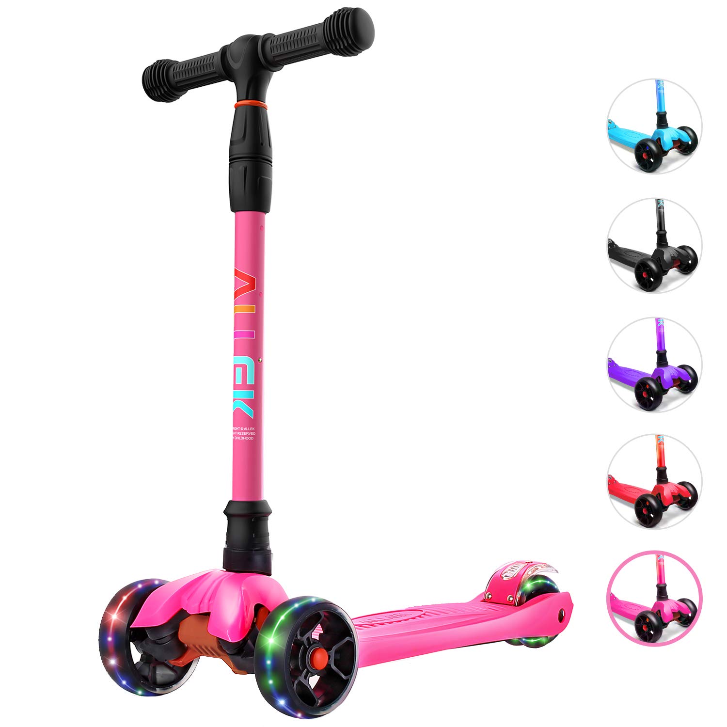 Allek B02 Kick Scooter for Kids Ages 3-12 | Adjustable Height Lean-to-Steer Scooter with LED Light-Up Wheels | Extra Wide PU Wheels for Smooth Ride | Perfect for Commuting, Park Rides & Outdoor Play (Rose Pink)
