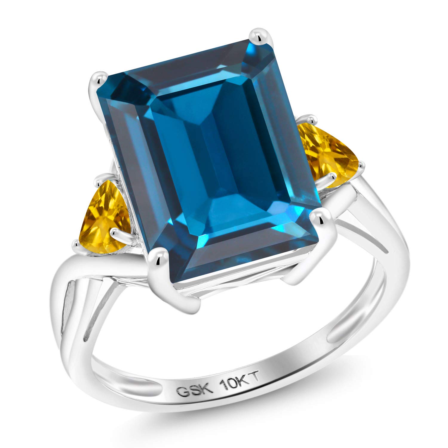 9.90 Ct Emerald Cut London Blue Topaz & Yellow Citrine 10K White Gold 3 Stone Women's Ring - Elegant Birthstone Jewelry Gift for Anniversary, Engagement, Wedding (Gem Stone King)