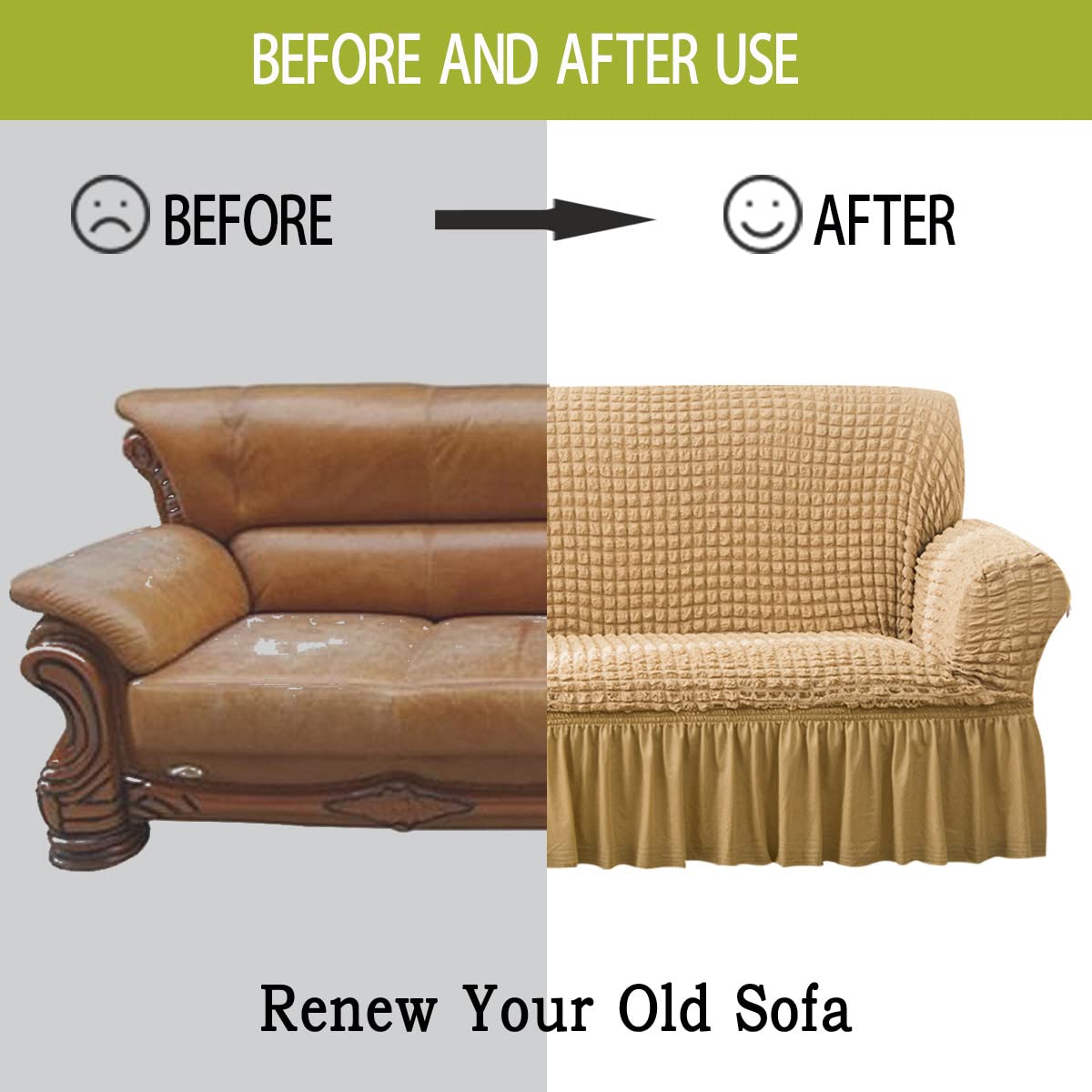 Stretch Sofa Slipcover - Washable Couch Cover for Sofa & Bed - Elastic Bottom & Skirt - Easy Fit Furniture Protector (Beige, XL) - Perfect for Living Room, Home Decor & Pet Protection