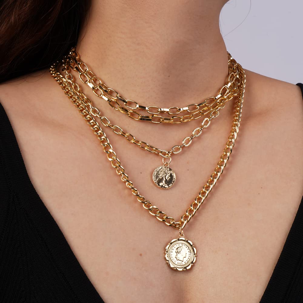 Missgrace 4-Tier Boho Women's Dainty Chunky Coin Layered Choker Necklace - Trendy Multilayered Jewelry for Women - Perfect for Festivals, Parties & Everyday Boho Style