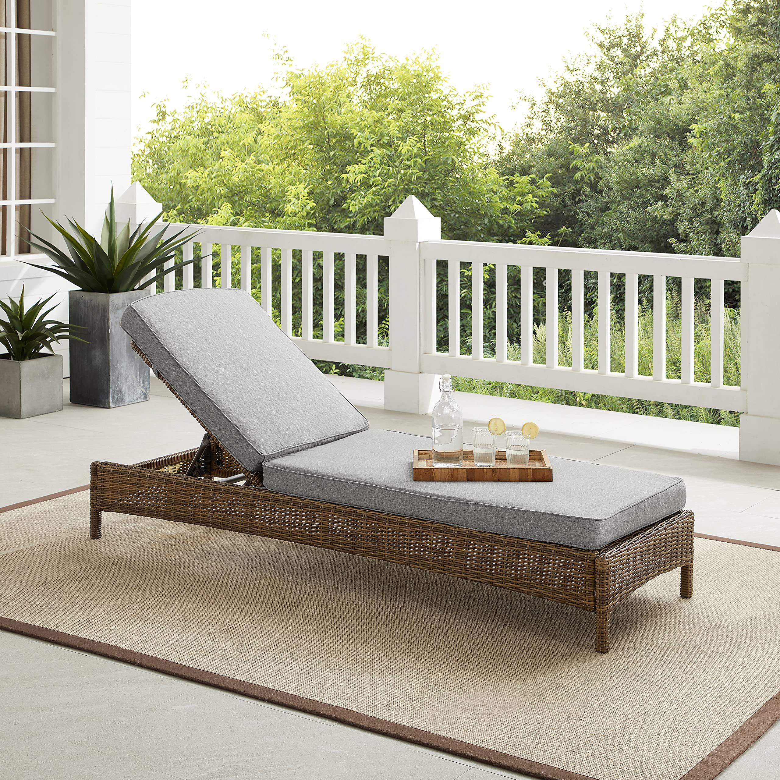 Crosley Bradenton Reclining Wicker Chaise Lounge Chair - Weather-Resistant Outdoor Furniture for Patio, Deck, Backyard & Poolside - Weathered Brown with Gray Cushions | Perfect for Sunbathing, Relaxing & Outdoor Lounging