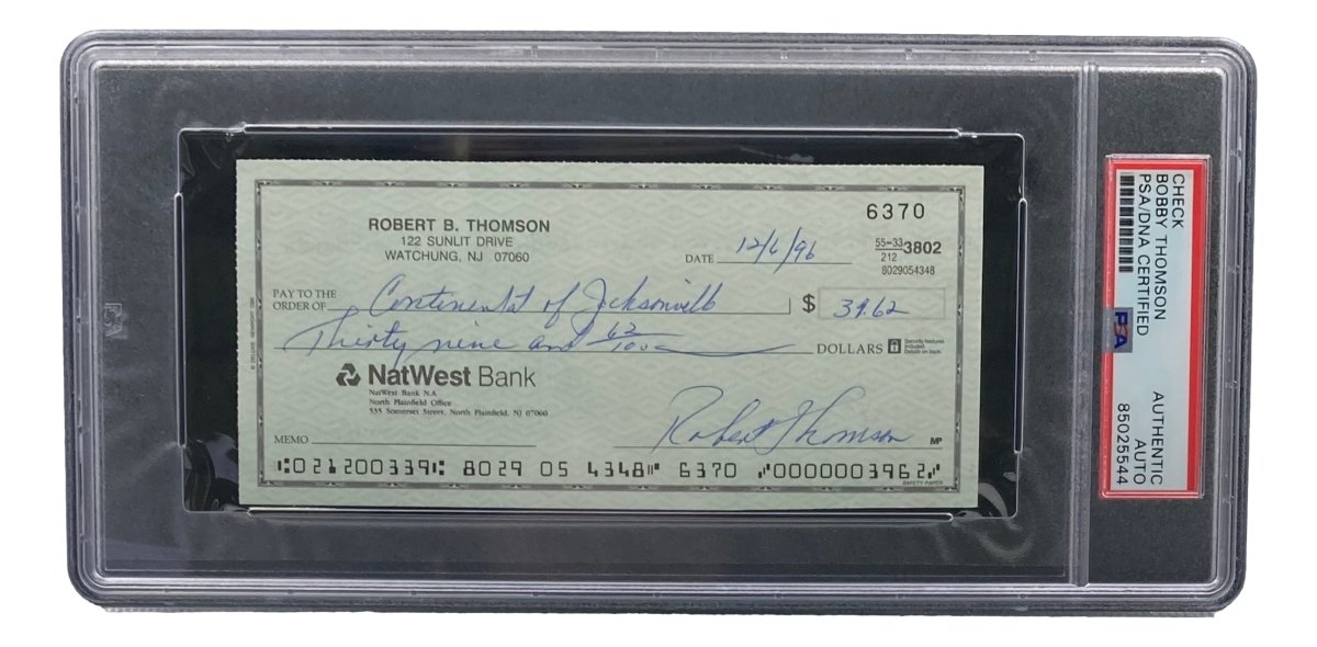 Authentic Bobby Thomson New York Giants Signed Bank Check with PSA/DNA Certification 85025544 - Perfect for Sports Memorabilia Collectors and Baseball Fans