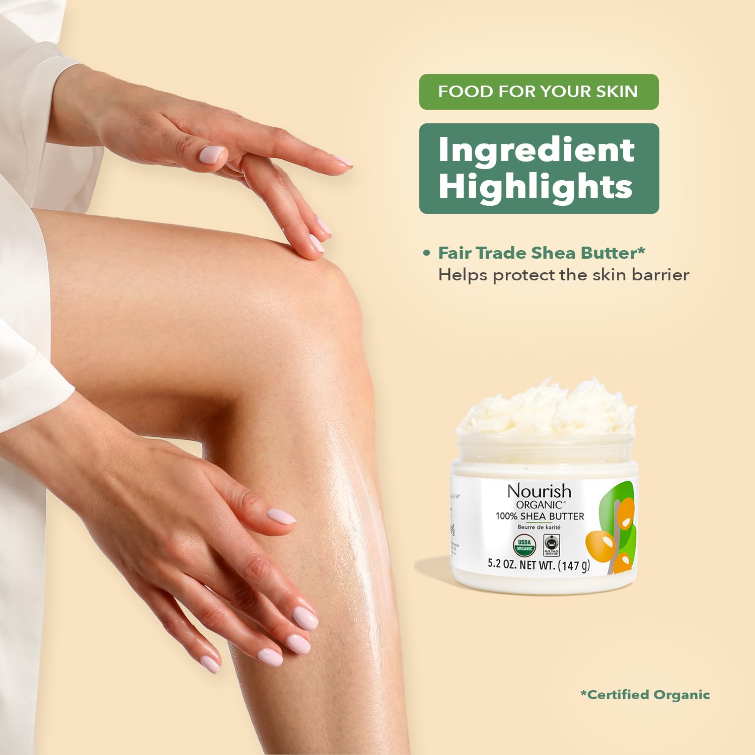 Nourish Organic Moisturizing Shea Butter – USDA Certified Organic & Fair Trade Shea Butter for Sensitive Skin, Face & Hair Care – 5.2 Oz Jar with Washable Cotton Rounds – Ideal for Daily Moisturizing, Dry Skin Relief & Natural Hair Hydration