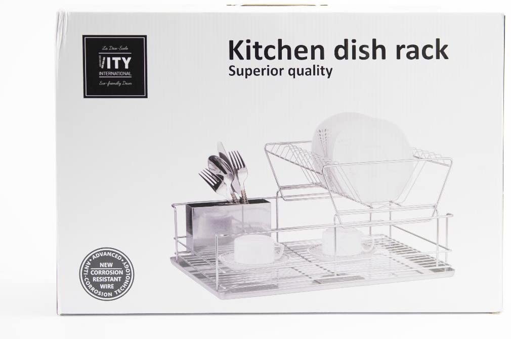 ITY 2-Tier Stainless Steel Dish Drying Rack with Chrome Drain Tray - Space Saving Kitchen Organizer for Countertop, Sink & Small Spaces