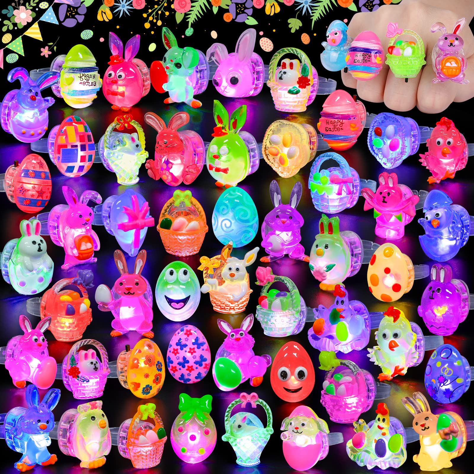 50PCS Easter Egg Fillers - 3D Light Up LED Flashing Rings for Kids, Glow in the Dark Easter Basket Stuffers, Party Favors & Treats for Boys & Girls - Perfect for Easter Egg Hunts, Birthday Parties & Classroom Rewards