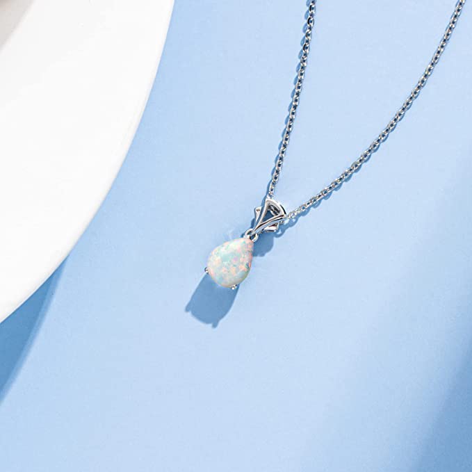 14K Solid White Gold Teardrop Pendant with Birthstone - Elegant Necklace for Women, Girls & Mom | 16