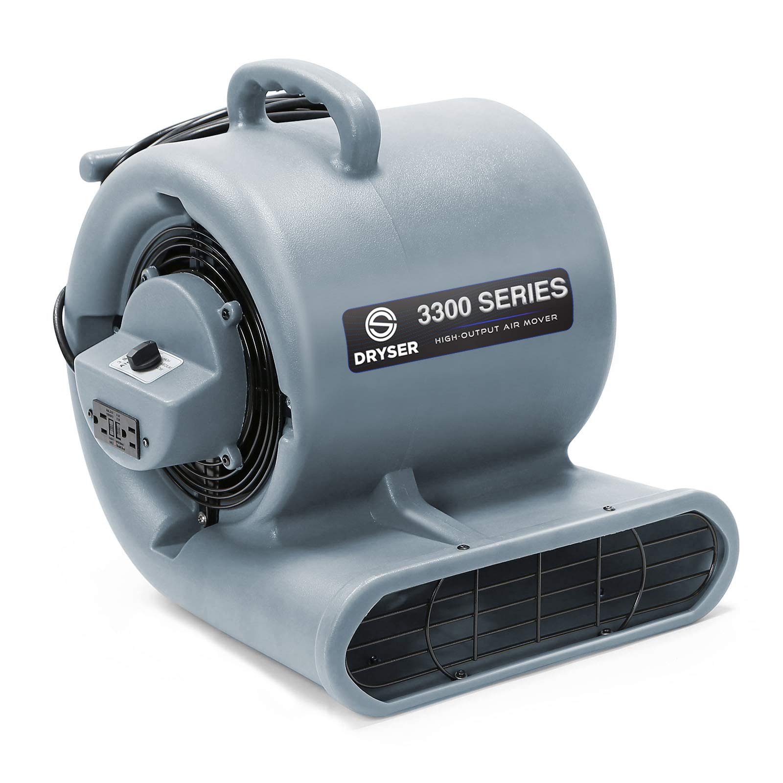 Dryser Air Mover 3-Speed Industrial Carpet Dryer & Floor Fan - 1/3 HP Motor with 2 GFCI Outlets, Stackable Gray Blower for Water Damage Restoration, Flood Cleanup & Carpet Drying