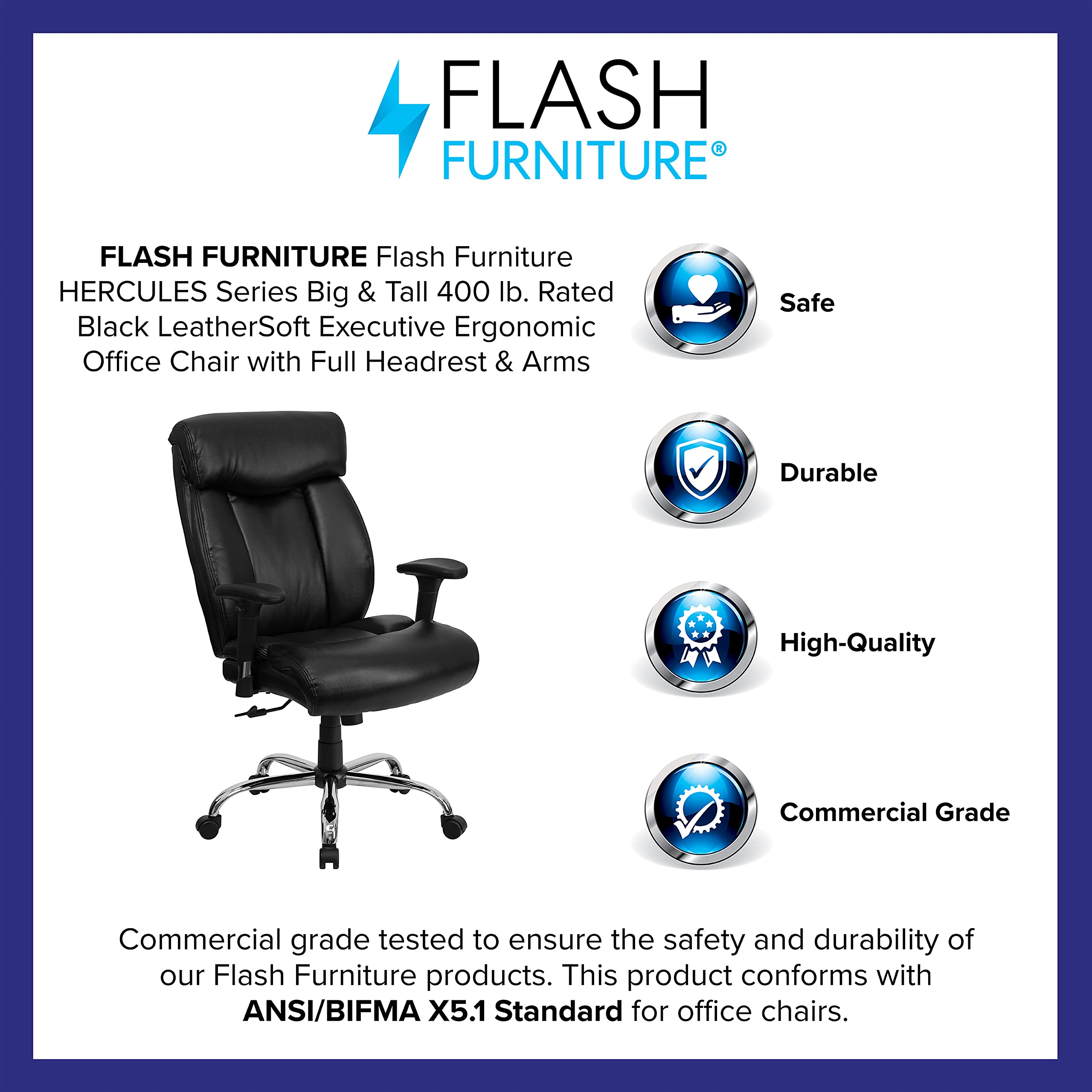 Flash Furniture HERCULES Series 400 lb. Capacity Big & Tall Executive Office Chair - Black LeatherSoft Ergonomic Design with Adjustable Headrest & Arms - Perfect for Home Office, Gaming & Professional Workspaces