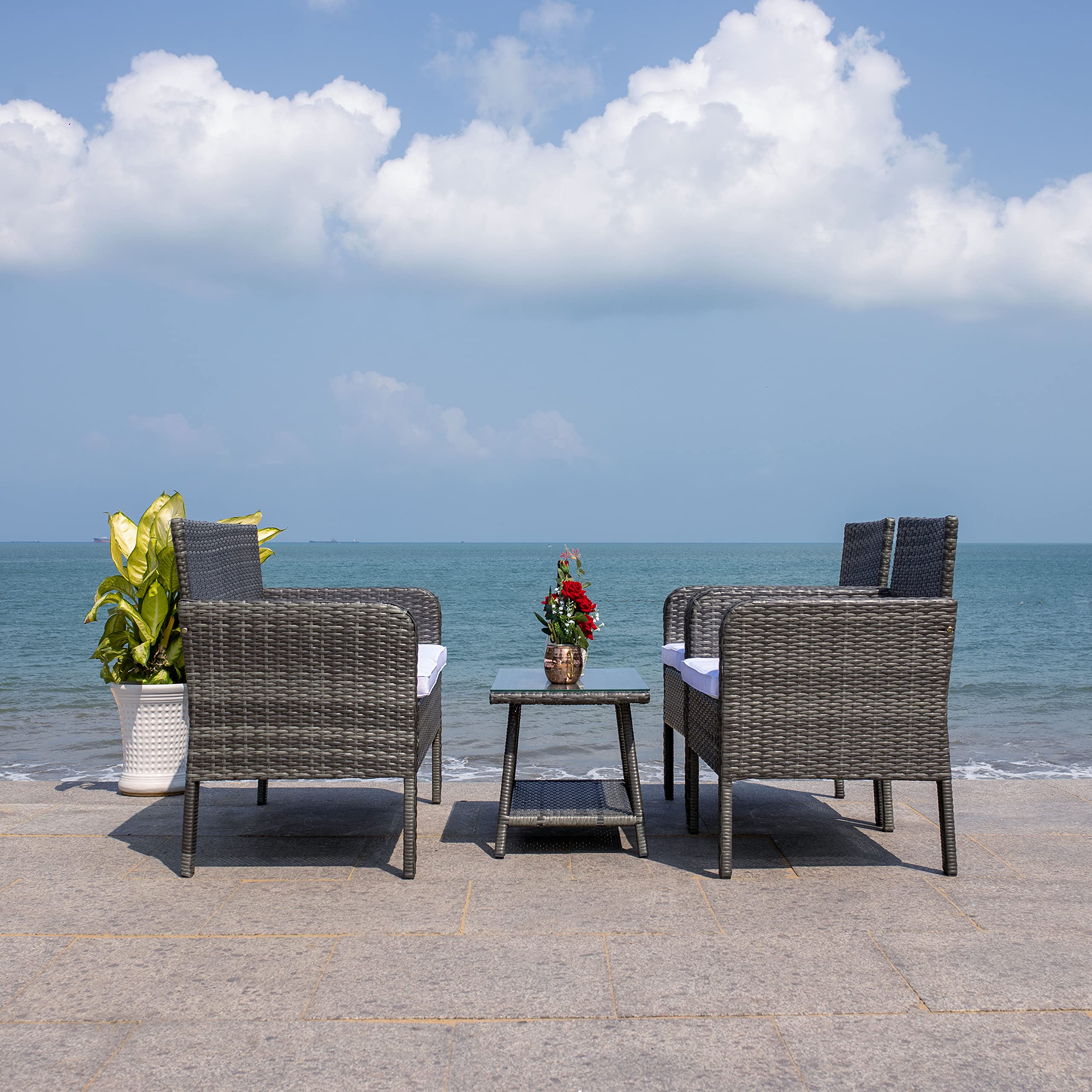 SAFAVIEH Outdoor Collection Aboka Grey Brown/White 4-Piece Patio Cushion Set - Water-Resistant Conversation Furniture Cushions for Garden, Deck, Poolside & Backyard Relaxation (PAT7505C)